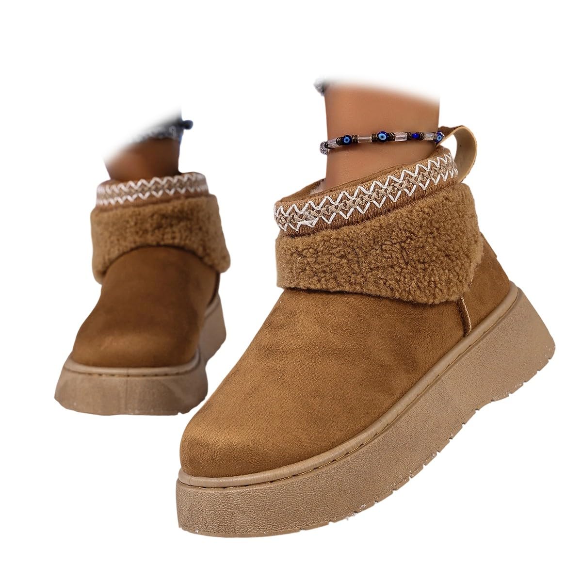 Womens Winter Boots Fur Snow Boots Fuzzy Warm Platform Short Booties Suede Fur Lining Pull On Cuff Ankle