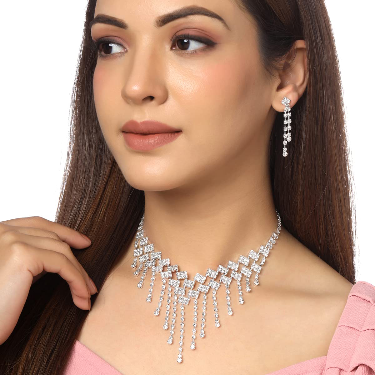 Women's Toned Drop Chain Necklace Set with Earrings, Gift