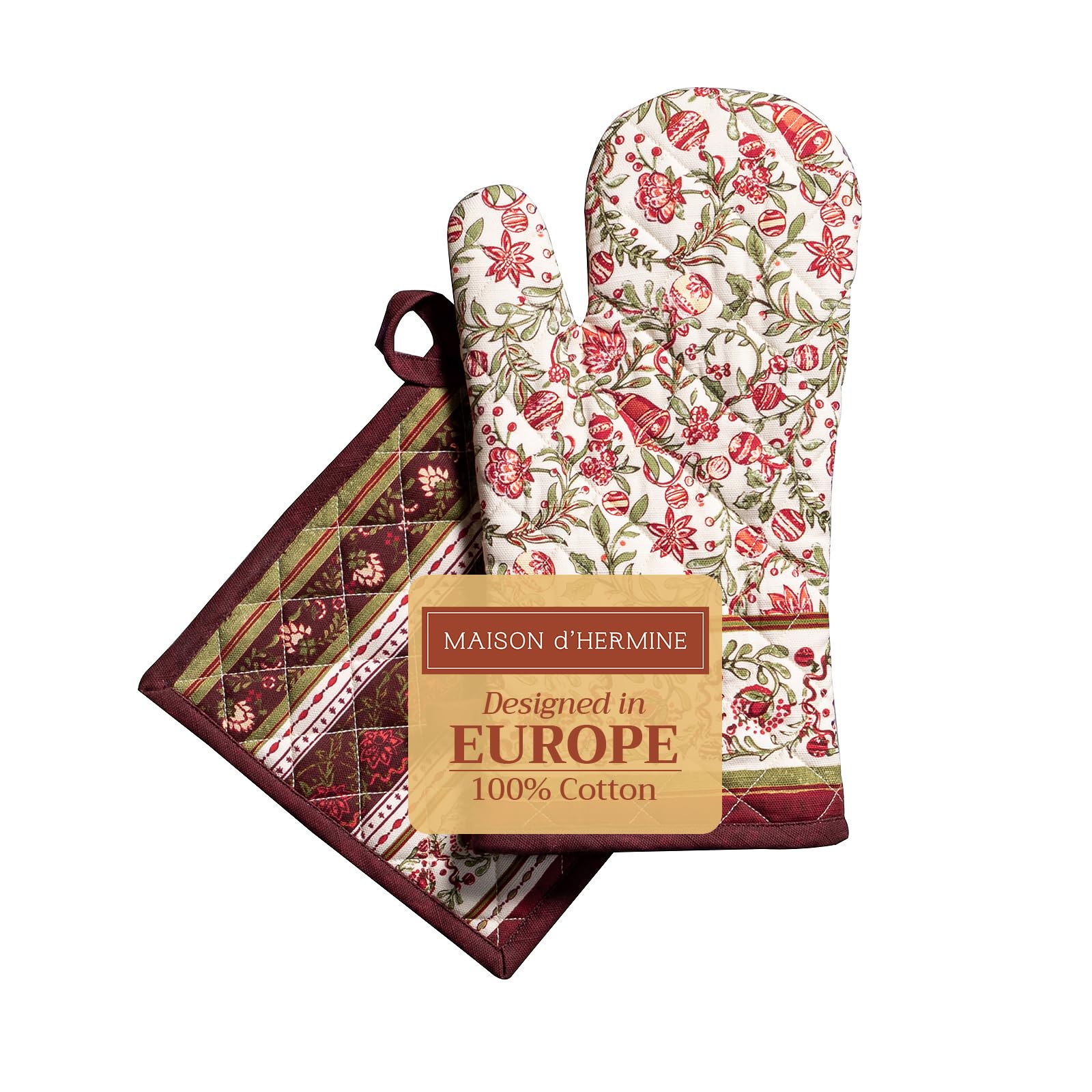 Maison d'Hermine Oven Glove (19 cm x 33 cm) & Pot Holder (20 cm x 20 cm) Kitchen Glove Made of 100% Cotton Pot Holder, Heat Resistant for Banquets, Reveillon AU Jardin - Thanksgiving/Christmas