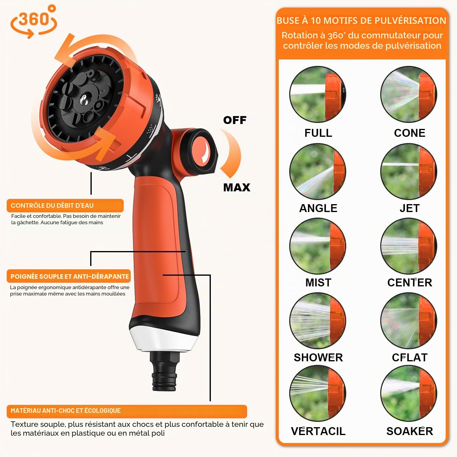 Tuyau d'arrosage 30m, ULTTY Tuyau d’arrosage Extensible avec 1/2" et 3/4" (19mm et 13mm) Adaptateurs, 10 Modes d'Arrosage, Latex Triple Épaisseur Durable avec Raccords en Laiton et Sac, Orange