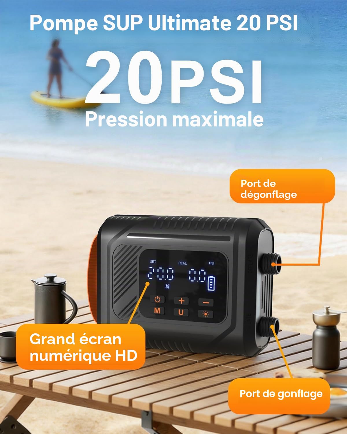 Sup Pompe Électrique 20 PSI – Rechargeable, 12V, Gonflage/Dégonflage Auto-Arrêt, Pression Précise – Gonfleur Electrique Paddle pour Paddle, Kayak, Tente, Matelas Gonflable, Jouets Piscine
