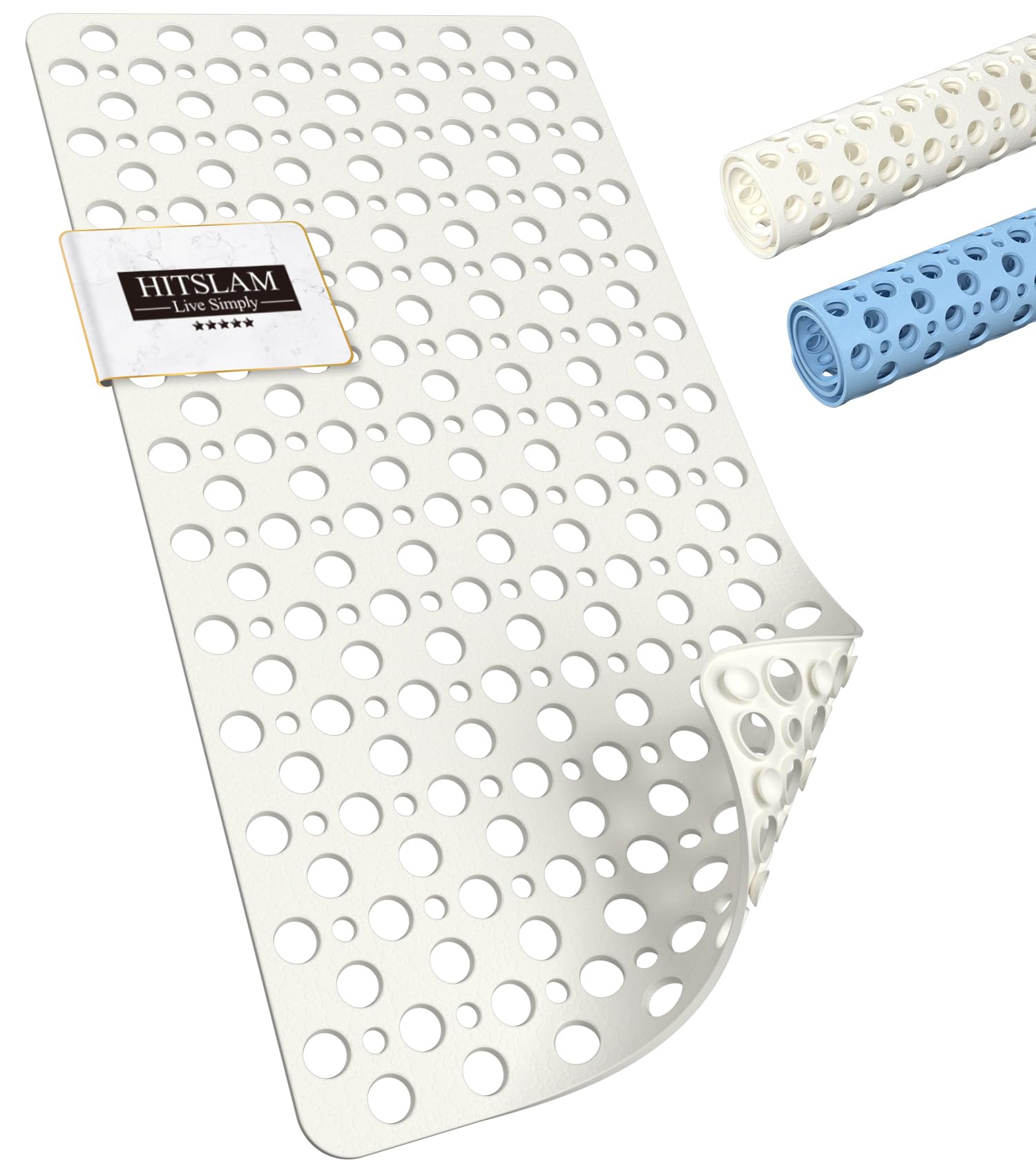 HITSLAM Tapis de Baignoire Antidérapant, 70 x 38 cm Tapis de Douche sans BPA, Résistant aux Moisissures & Lavable en Machine Tapis de Bain Antidérapant, Drainage Efficace et Facile à Nettoyer, Blanc