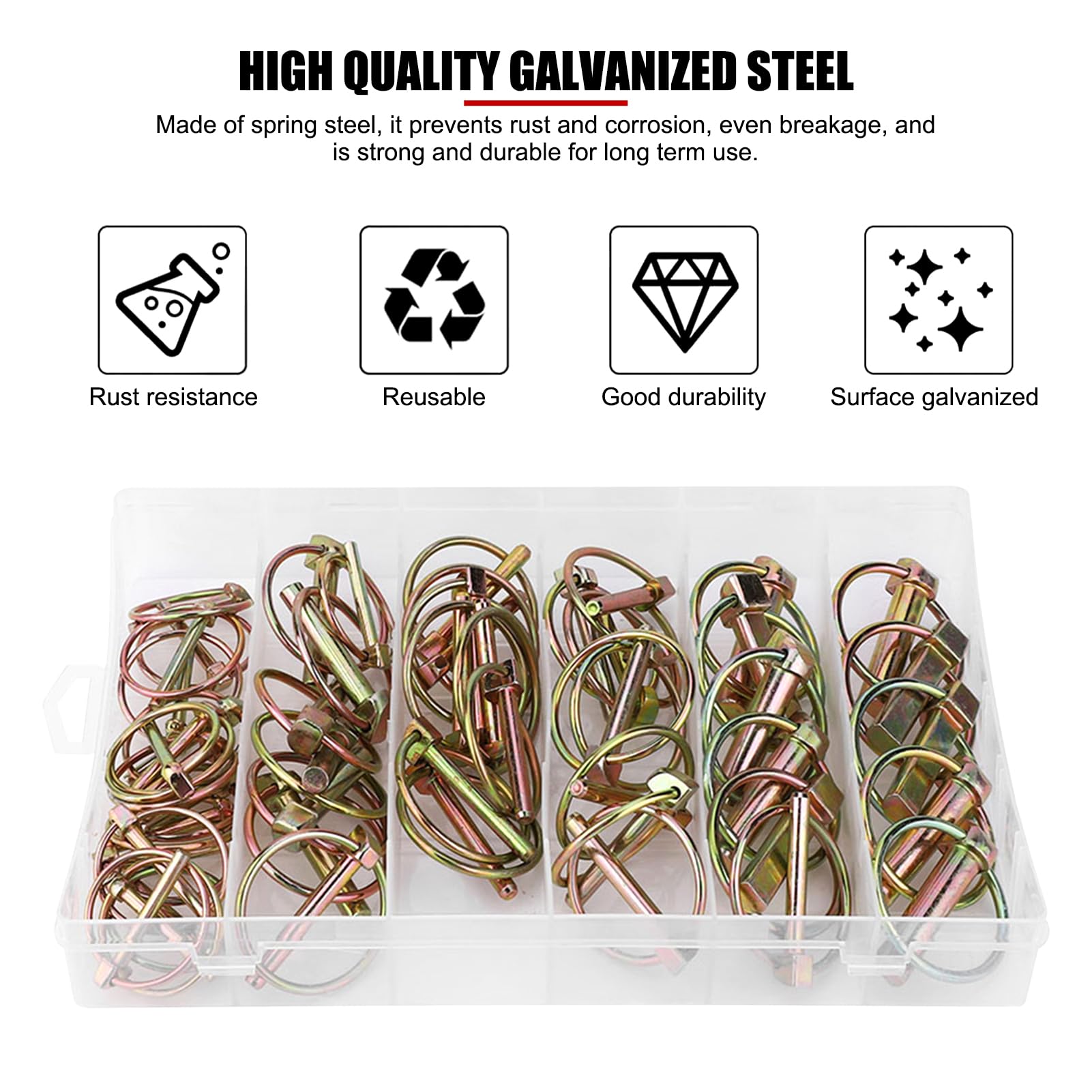 50 pièces Kit d'assortiment de broches Lynch goupille de sécurité annulaire en acier pour remorque de tracteur agricole，goupille clip