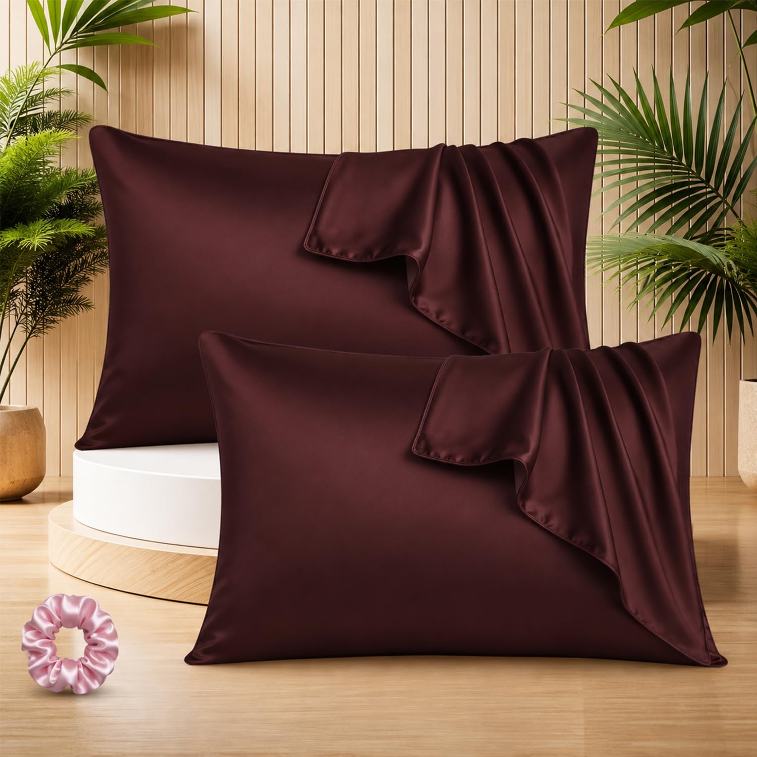 SITTELLA Satin Pillow Covers for Hair | Set of 2 + 1 Free Satin Scrunchie | Silk Pillow Case | Soft Pillow Satin Cover with Hidden Zipper | Pillow Cover | Brown