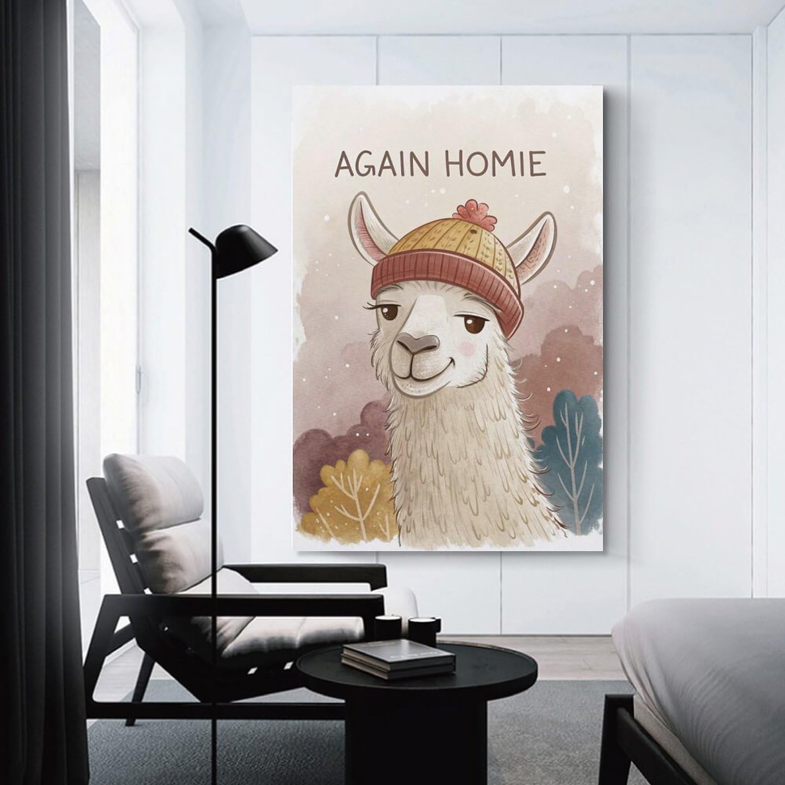 Junmoney Llama Wearing A Beanie Decorative Canvas Print, 24x36inch(60x90cm), for Gallery Wall Decor And Room Displays, Wall Decor Suited to Curated Displays