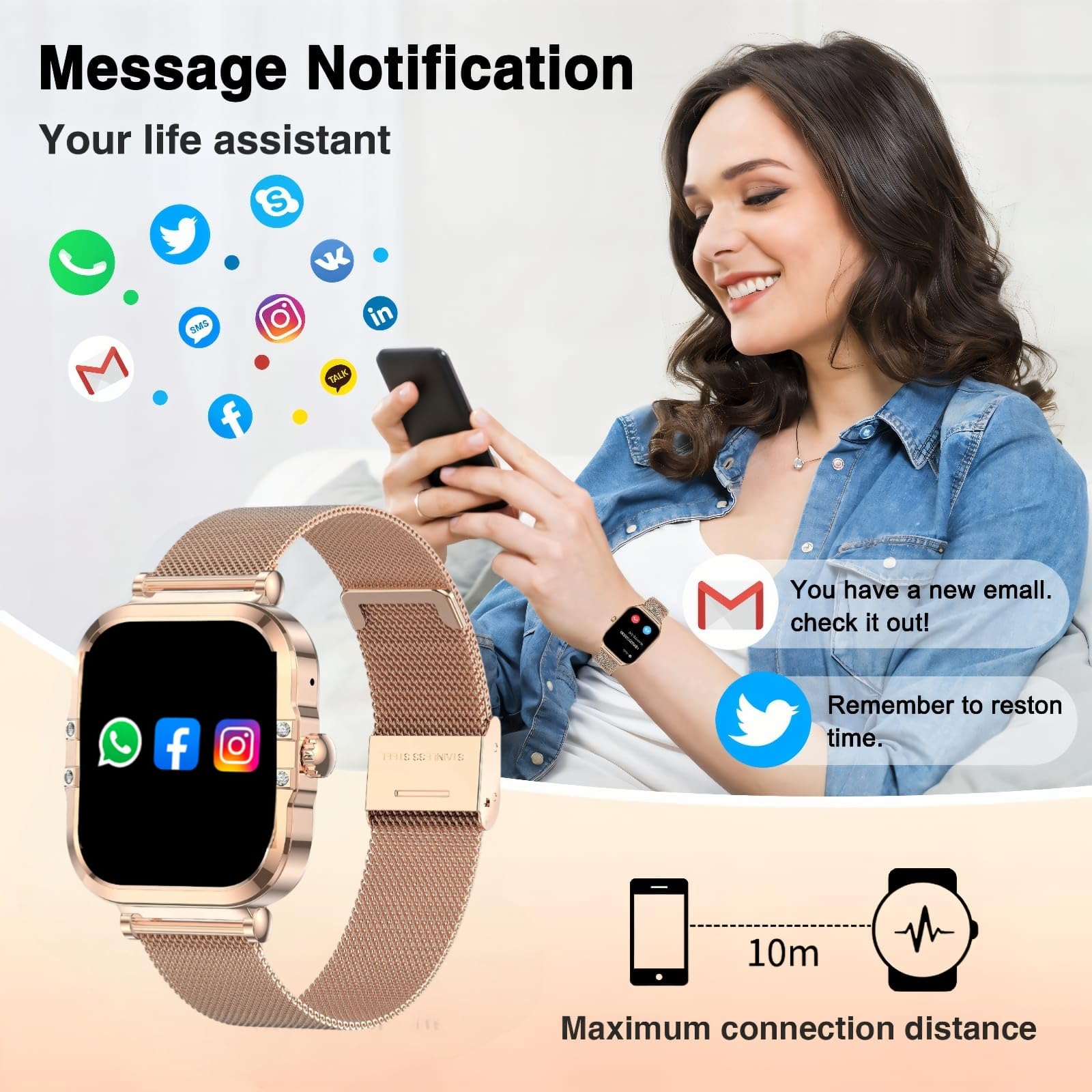 Générique Montre Connectée Femme Doré Élégante AMOLED 1.75" –avec 2 Bracelet Acier/Silicone, Fonction Appels Suivi Santé Complet, Design Luxueux Fleur Dorée - SOS