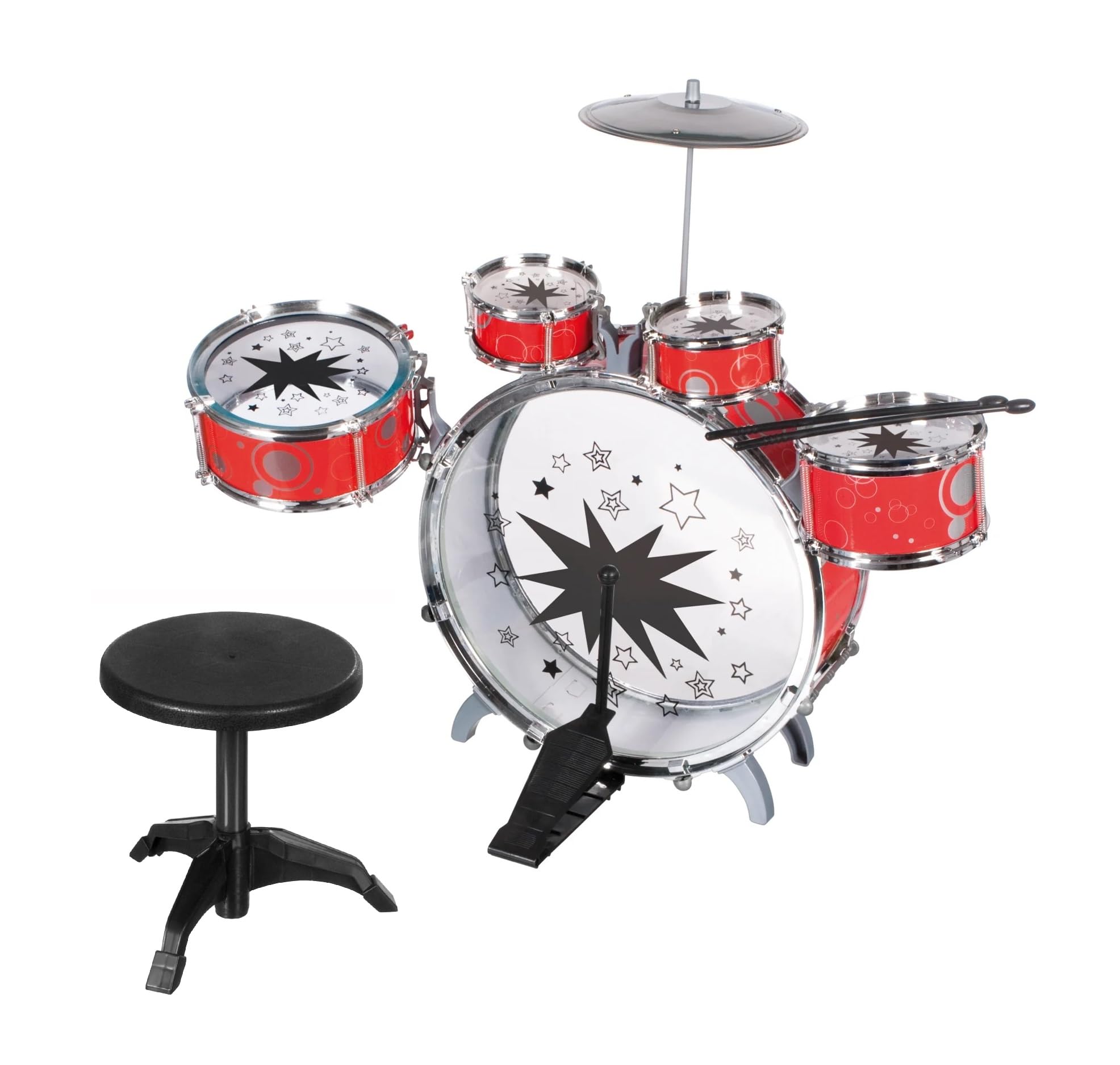 Batería musical para niños con taburete de batería para niños, instrumentos musicales con 5 tambores, 1 plato, 1 taburete, 2 baquetas, instrumento de percusión con silla de batería clásica