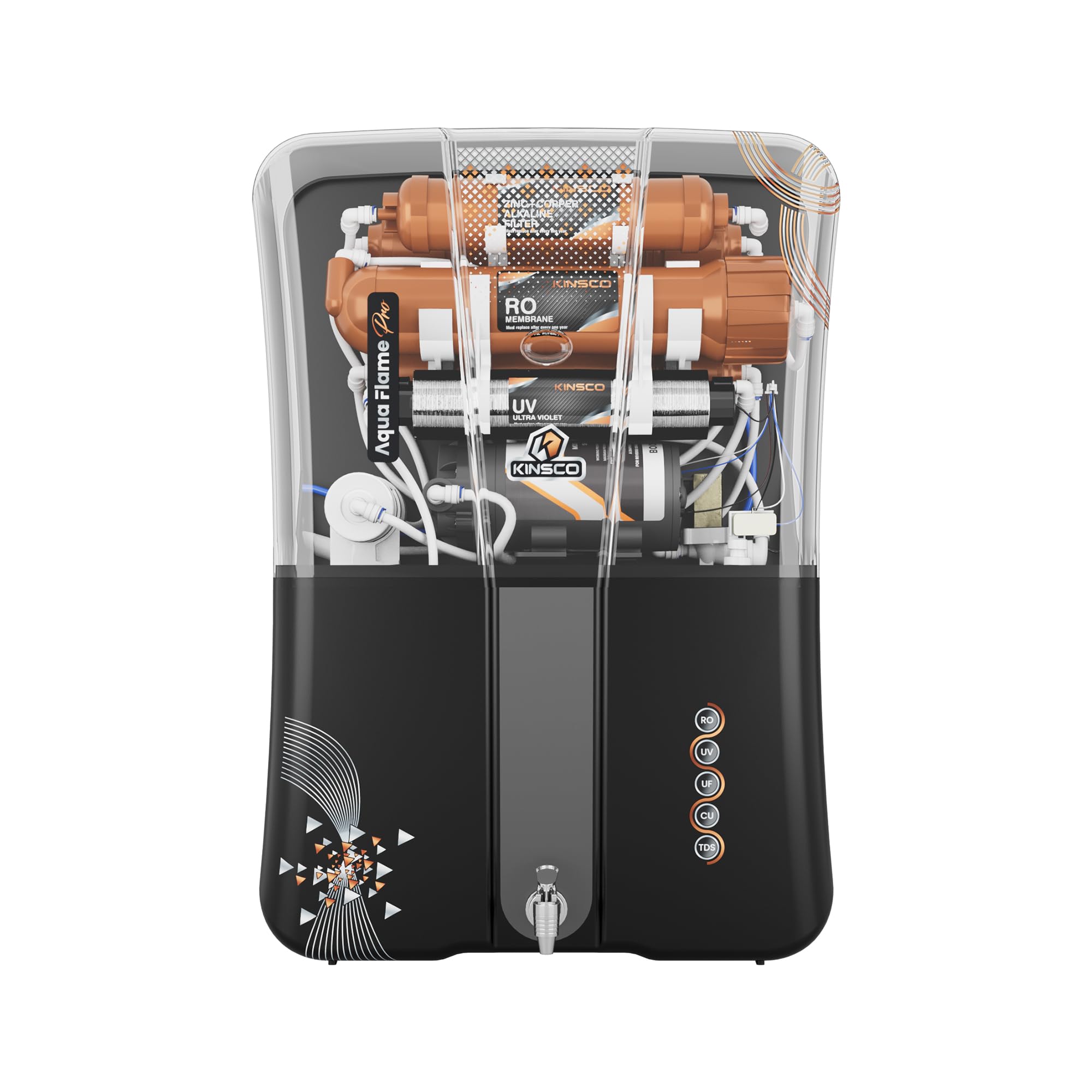 Kinsco Aqua Flame Pro Copper RO Water Purifier - RO + UV + UF + TDS + Copper Technology (Black)