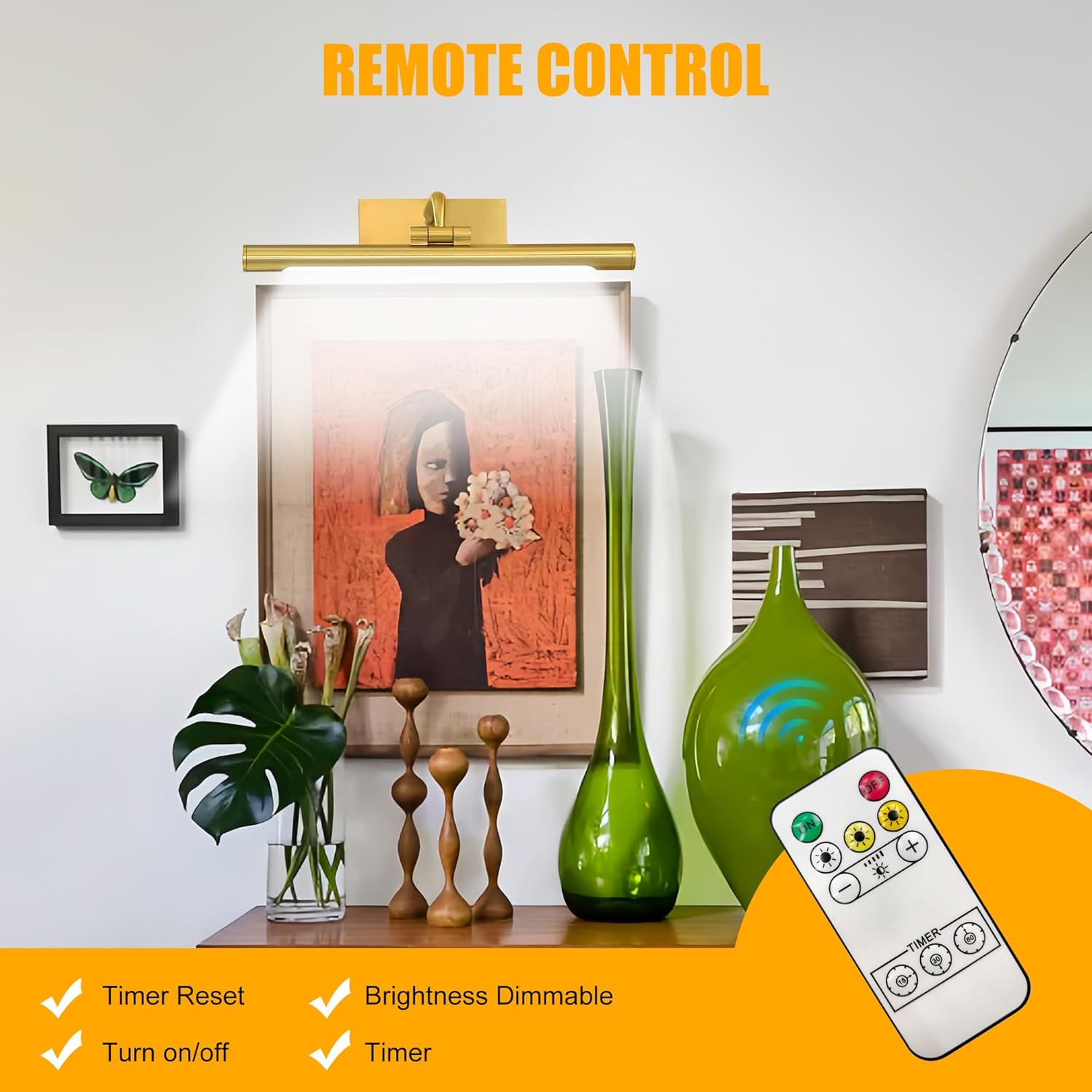 14in Picture Light,Battery Operated Picture Light,Brass,with Remote and Timer,Wall Pictures,Dimmable for Display Photo,Frame,Portrait.