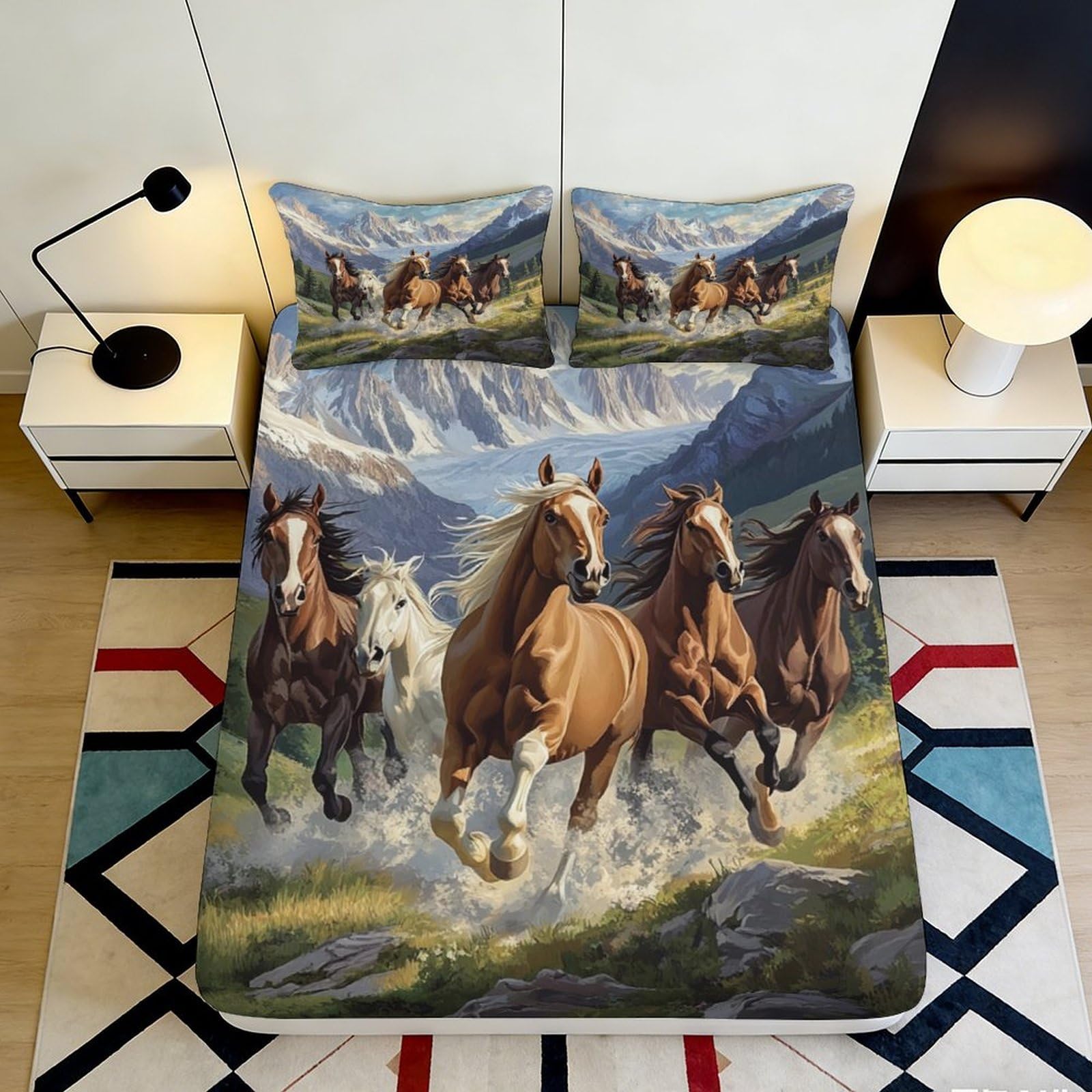 3D Printed Wild Running Horses Fitted Sheet Microfiber Soft Mountain Landscape Bed Sheet for Bedroom Guest Room Decor 180x200x25cm
