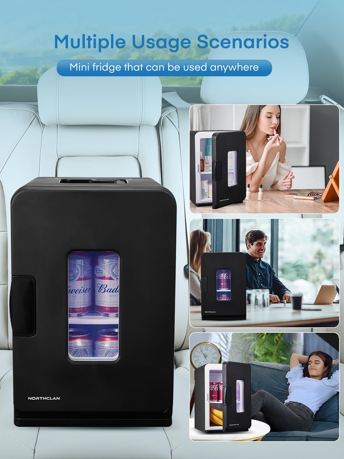 NORTHCLAN Mini Frigo da Camera 15L/21 lattine, Frigorifero Elettrico con Modalità Silenziosa ECO per Camera da Letto/Auto, Funzione Caldo/Freddo, Raffreddatore di Bellezza Portatile 12V/220V