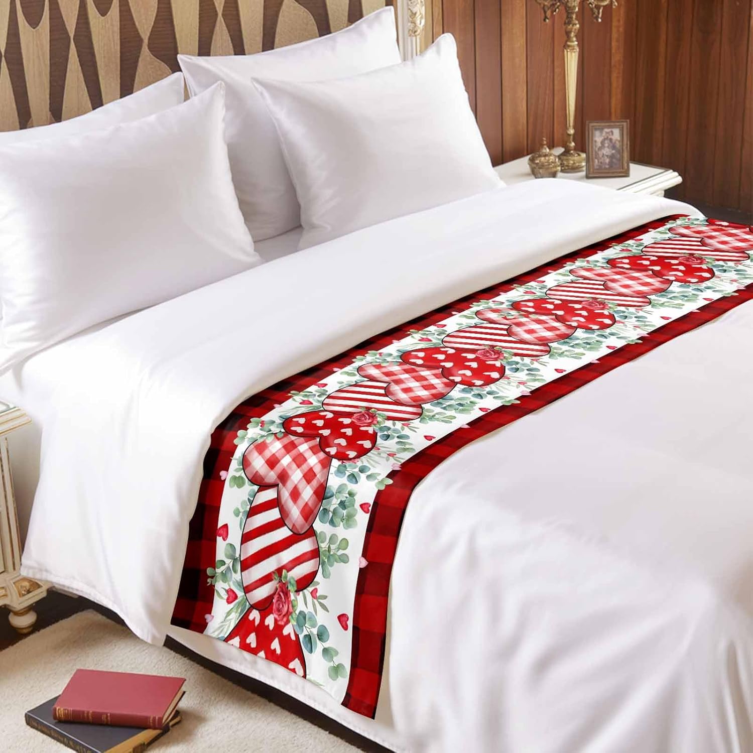 Valentine's Plaid Love Bed Runner Scarf Bedding Accessory For Twin Size Bed,Soft Bed Scarves And Runners Stainproof Dustproof Bedroom Protector For Hotel,Eucalyptus Leaves Red Rose Flower 71"x20"
