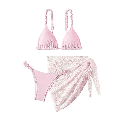 WDIRARA Conjunto de biquíni feminino de 3 peças, tanga, tanga, com saia de renda sarongue