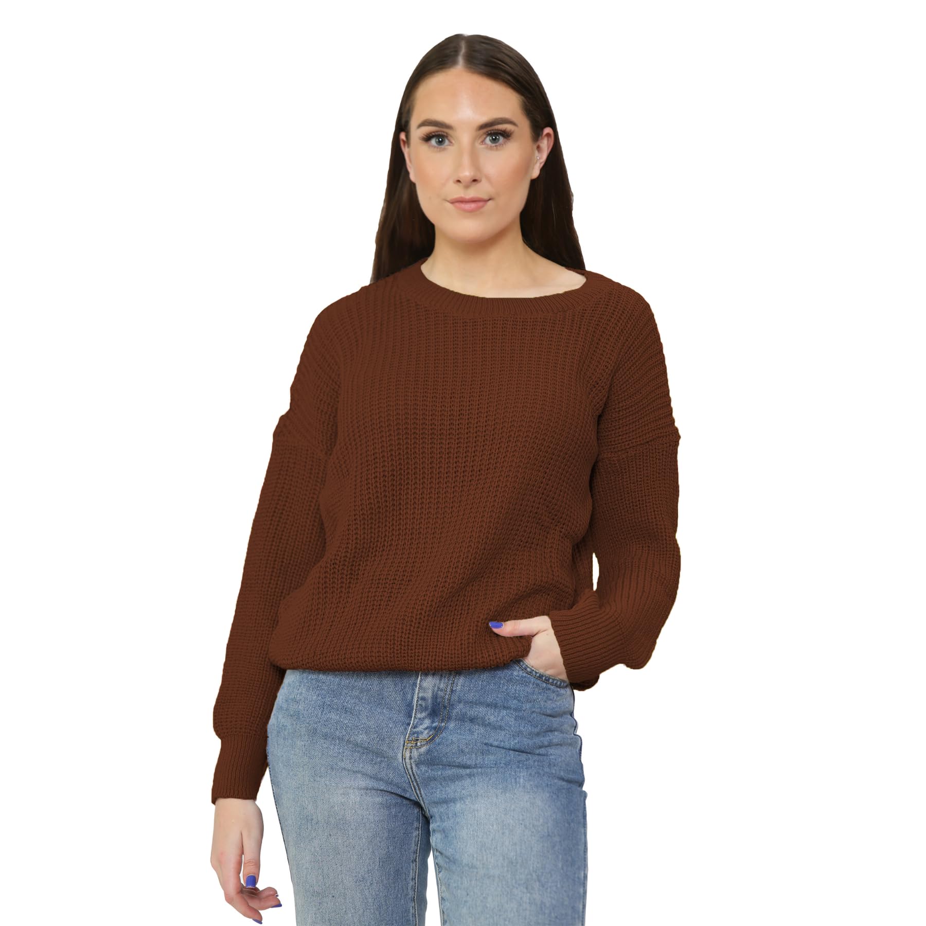 Hamishkane Women's Brown Hamishkane® Long Sleeve Baggy Fisherman Sweater, Chunky Knitted Crew Neck Jumper, Lightweight Pull Over Chunky Sweater Winter Oversized Jumpers