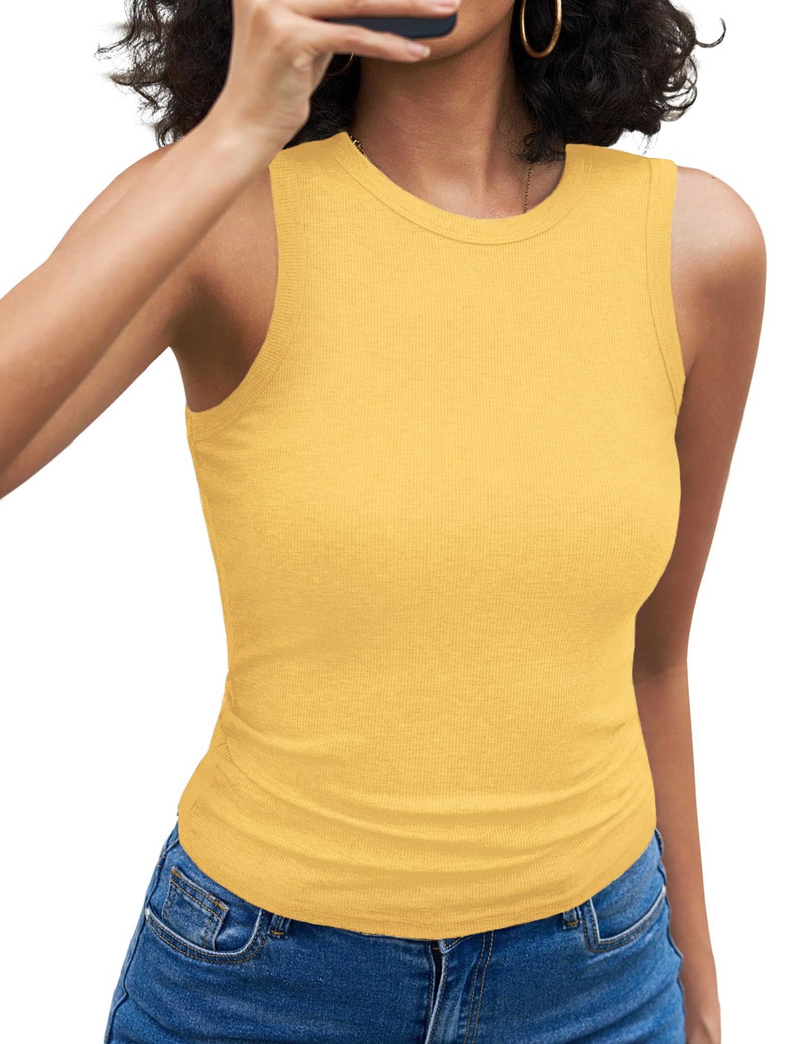 Aottori Top Damen Sommer Rundhals Oberteile Gerippt Slim Fit Basic Tanktop Stretch Elegant Shirt Ärmellos Sexy Casual Einfarbig