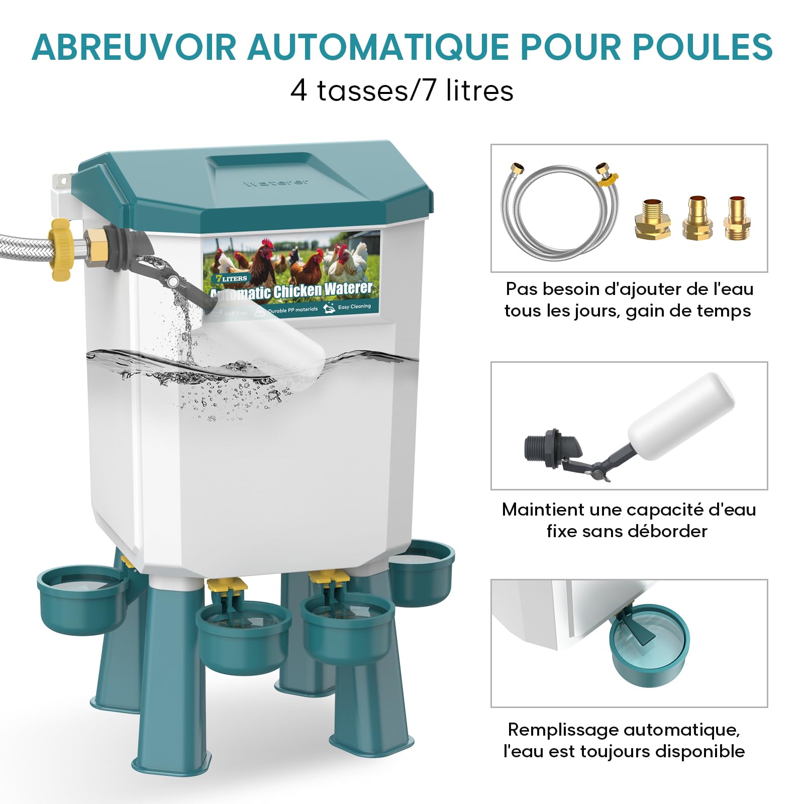 CHAMUTY Mangeoire Poules Anti Nuisible, Abreuvoir Poules Automatique 7 litres avec Pieds, Flotteur Filtré, Tuyau en Acier Inoxydable de 1,5 m, Distributeur Eau Automatique