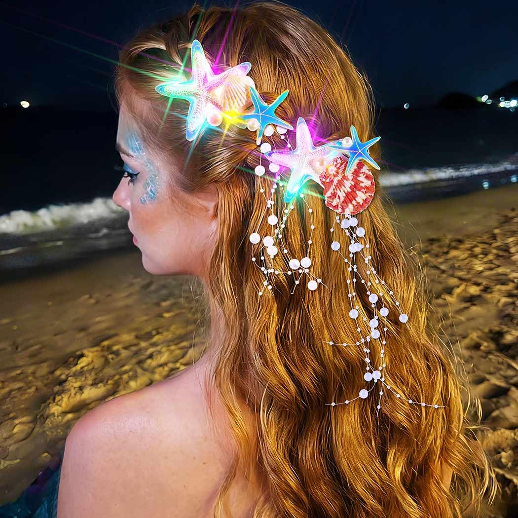 CAKURE Light Up Starfish Hair Clips Led Seashell Hair Clip Barrettes Mermaid Hair Accessories for Women and Girls (Pack of 2) - Image 5