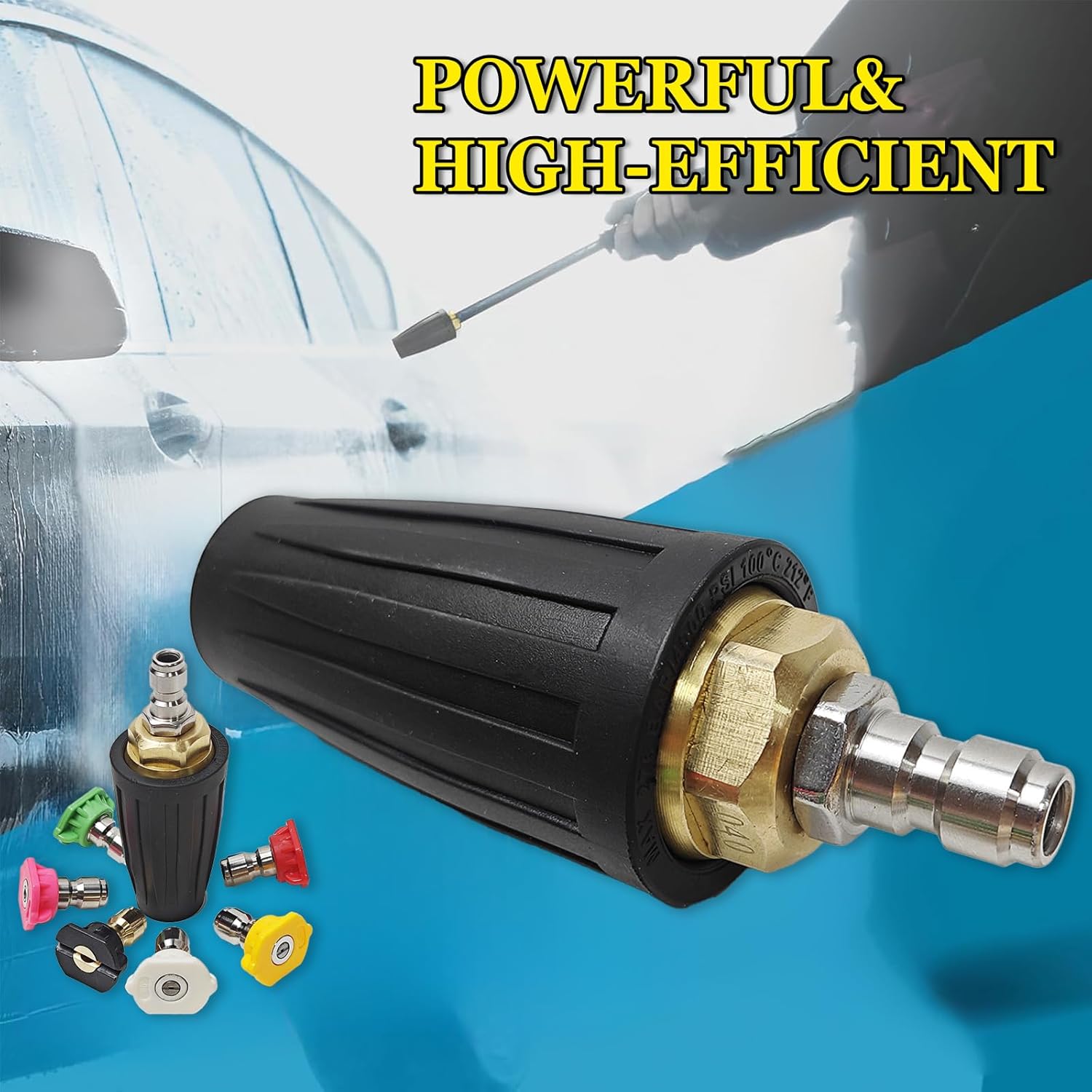 EILIDH Pressure Washer Rotary Turbine Nozzle 4000 PSI, 4.0 GPM Quick Connect Turbine Nozzle, 1/4 Inch Connector Plug with 7-Piece Nozzles, Multiple Spray Patterns, Black, penzui4000