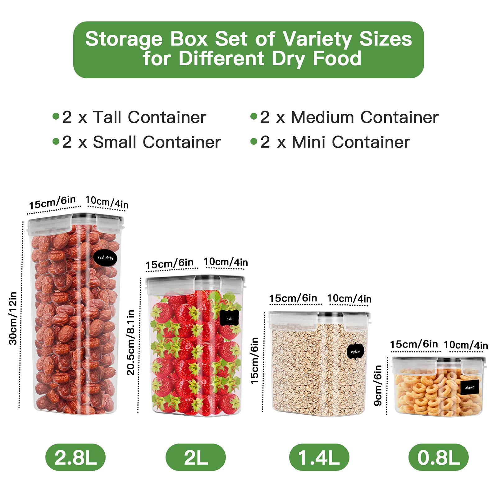 rokrist Caja de almacenamiento de cocina, lote de 8, frascos herméticos de plástico sellados con tapa, para almacenar cereales, pasta, harina, comida para mascotas