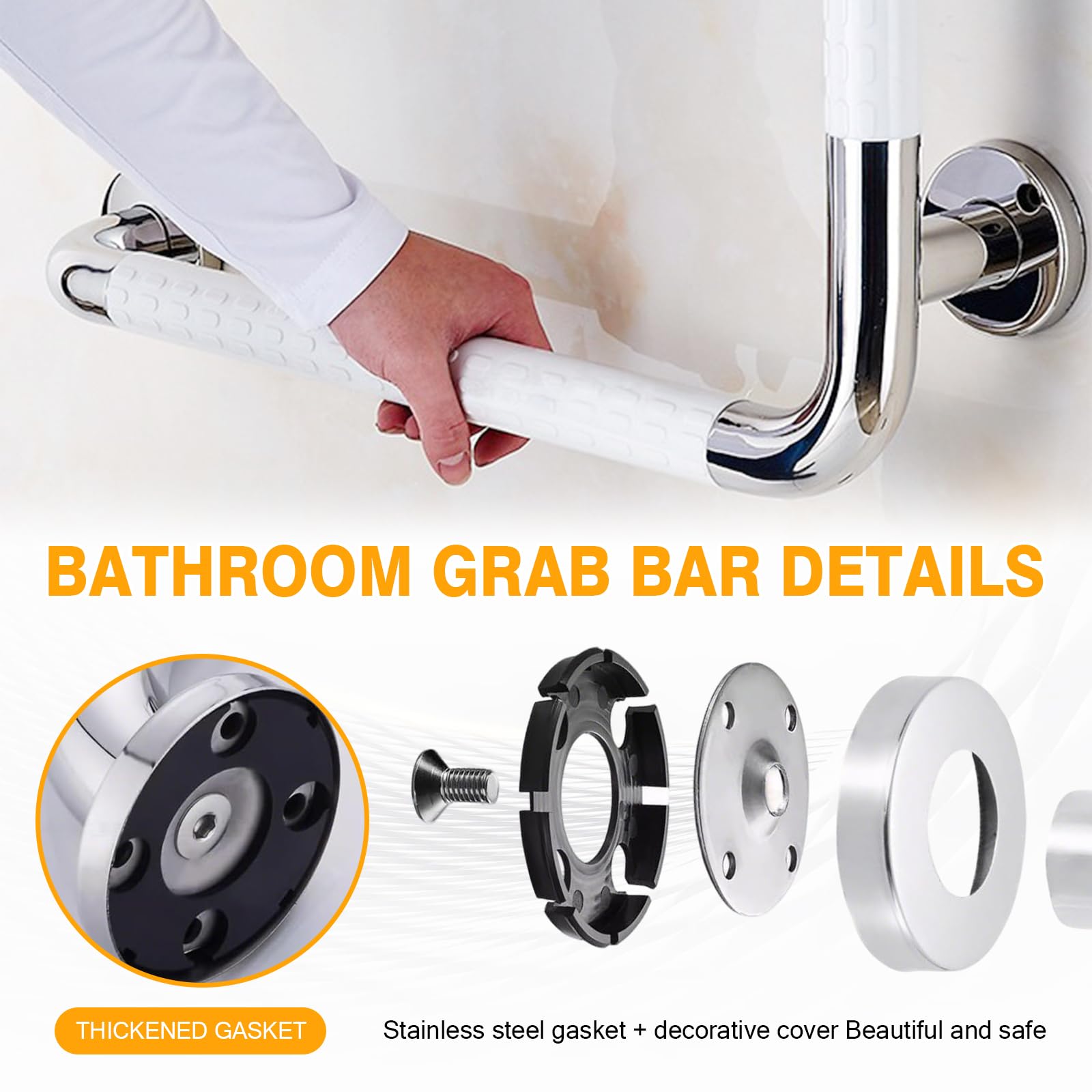 Barre d'appui de douche - En acier inoxydable - 70 x 50 cm - Poignées en forme de L - Angle vertical - Rails de sécurité - Main courante d'angle murale antidérapante - Pour personnes âgées, handicap