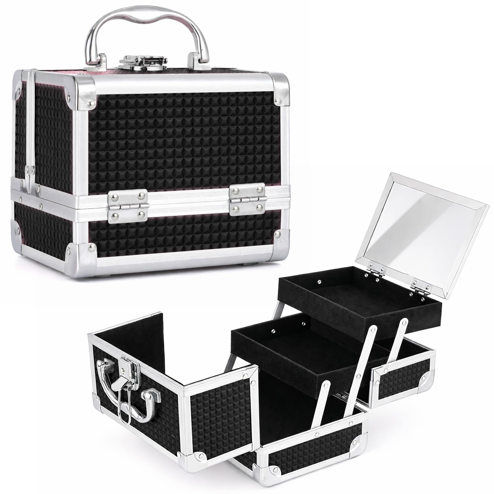 – Makeup Box Vanity Case with Mirror – Lockable Cosmetic Organiser with 2 Trays, Portable Beauty Storage Case for Travel & Home, Rose Gold, 19.5 x 15 x 16 cm