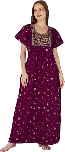 DIAMO Pure Cotton Embroidery Nighty Gown with Side Pocket for Women | Regular, Printed &amp; Full Length Maxi Night Gown | Nig...
