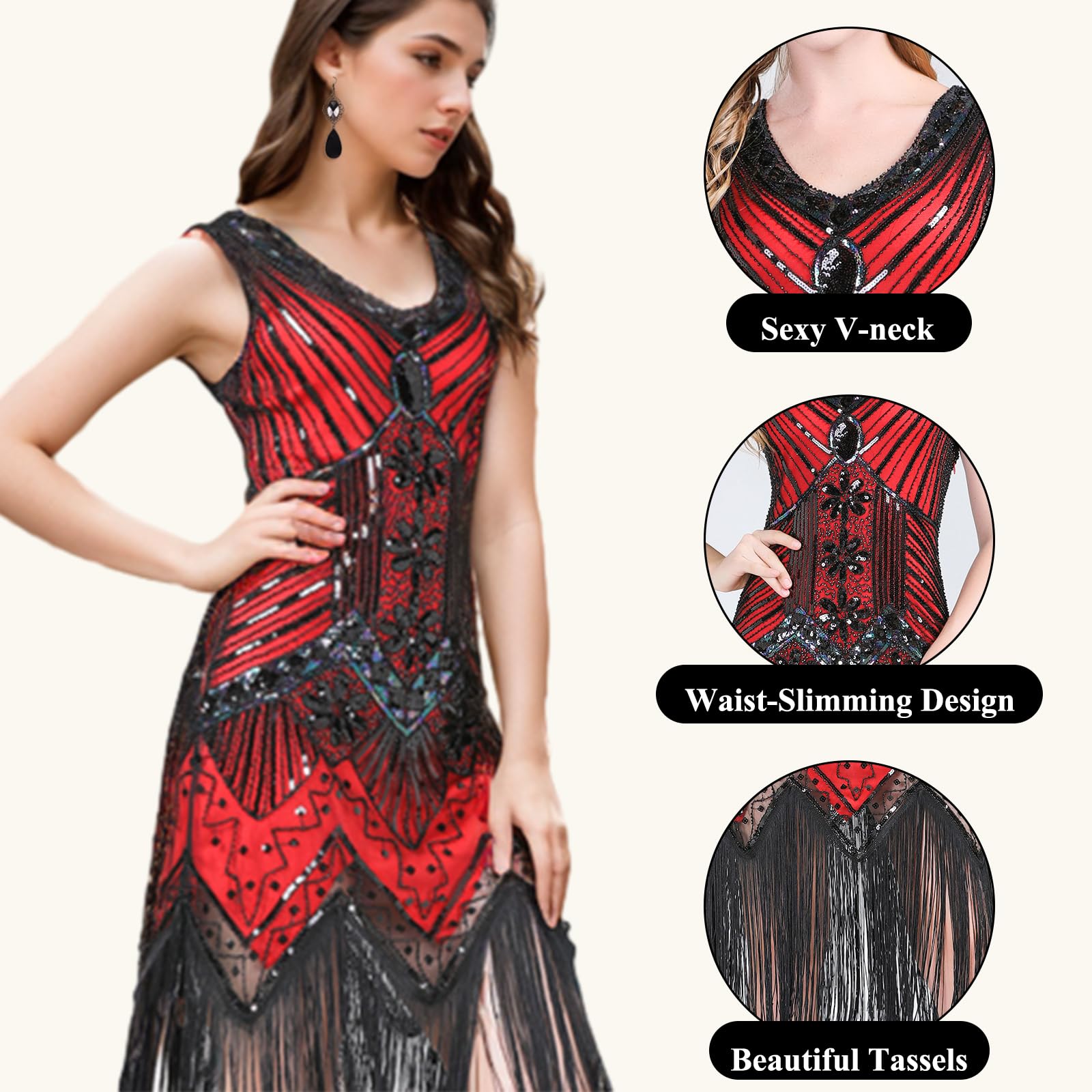ELECLAND Vestido de flecos con cuentas de lentejuelas y cuello en V de los años 20 con conjunto de accesorios de los años 20
