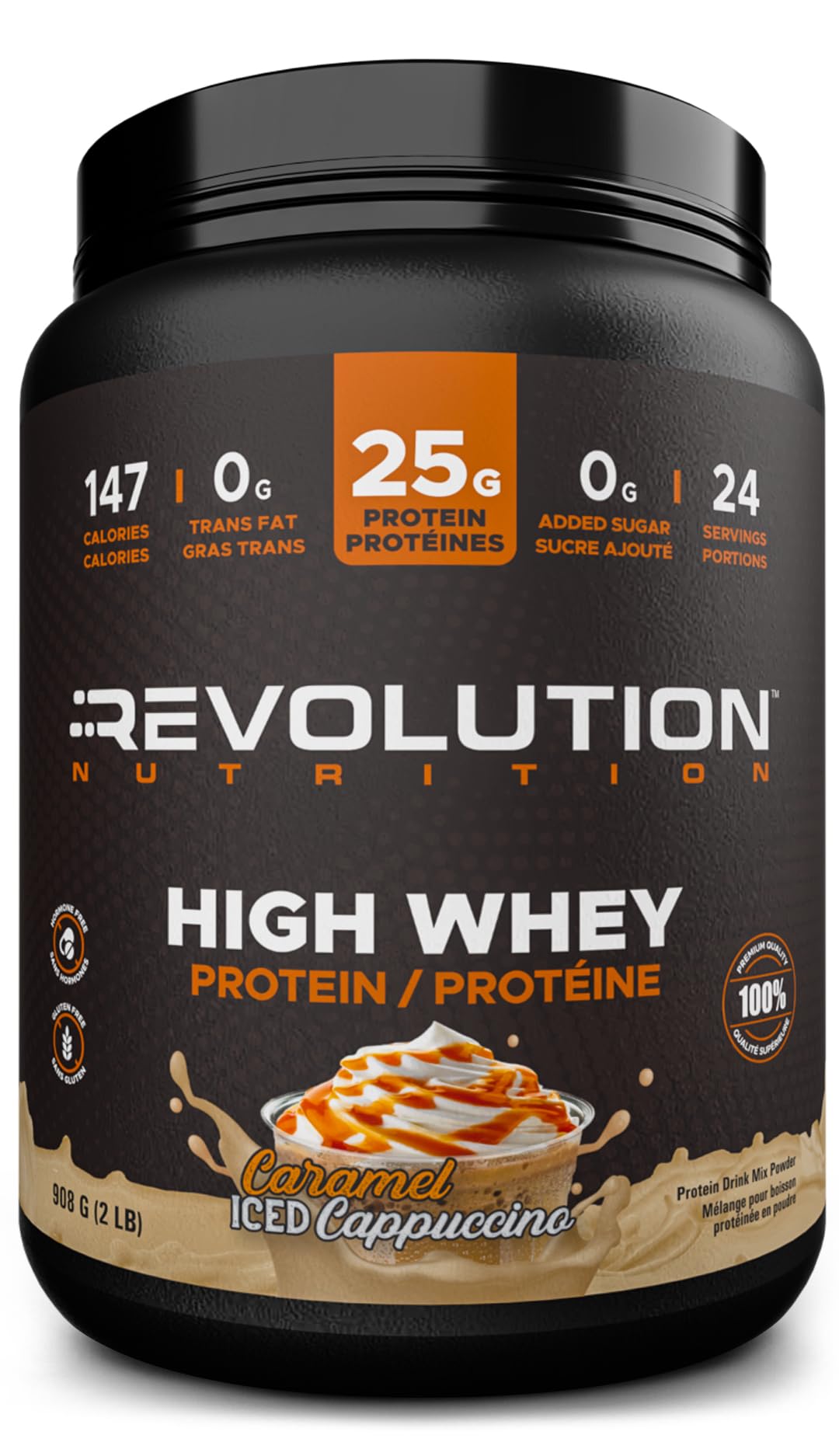 Revolution Nutrition  High Whey  Protein Powder 2LB  Whey Protein  Gluten Free  25g of Protein Per Scoop  908 g  24 Servings (Caramel Iced Cappuccino  2 Pound)