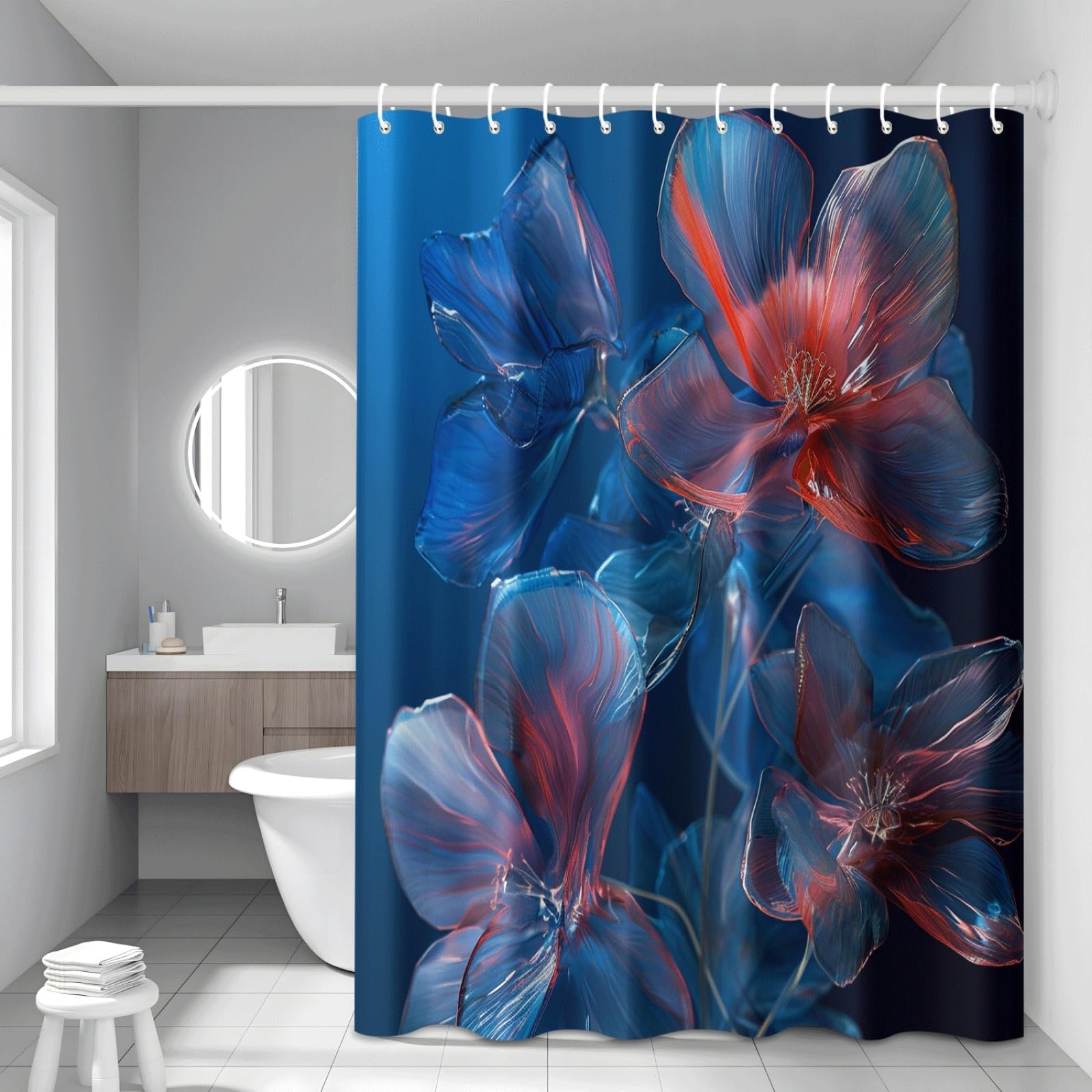 Tenda Doccia Fiori Rosso Blu Tenda Doccia Antimuffa Impermeabile Poliestere Lavabile con 12 Ganci Facile da Installare Tende Finestra Bagno per Dormitorio Hotel(180x220cm)
