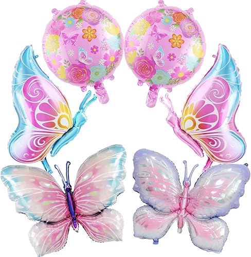 PartyGarden Globos de mariposa  18 piezas de papel de aluminio morado y rosa, decoraciones temáticas de niña para primavera, cumpleaños, baby
