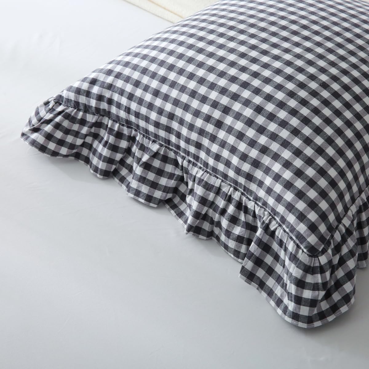 Mywinlle Black/White Plaid Ruffle Throw Pillow Covers Set of 2,Checkered Washed Cotton Gingham Decorative Pillow Shams Farmhouse Pillowcases 20"x20"