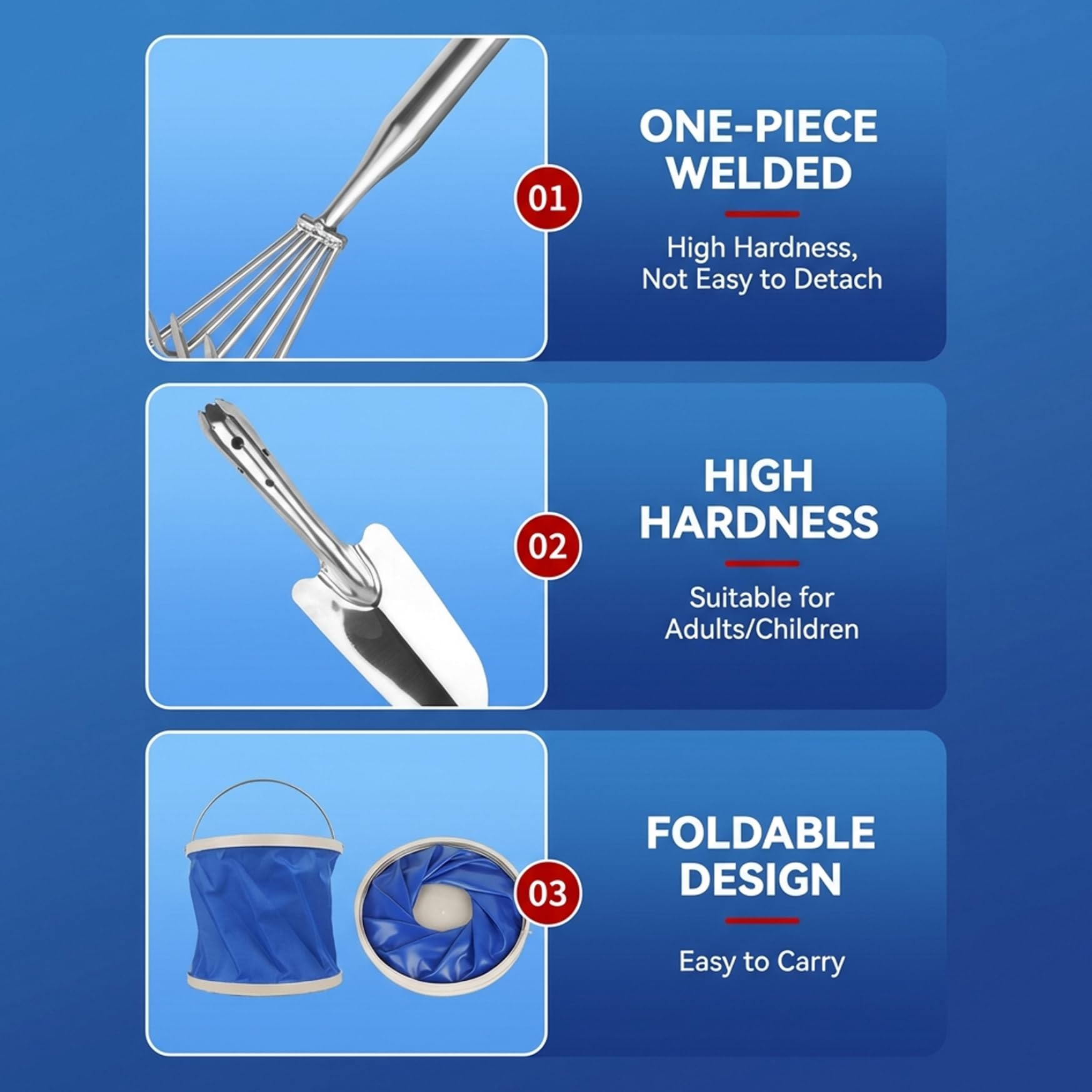 Ensemble de râteaux à palourdes Portables – 4 Outils de Plage avec Seau Pliable, râteau à Sable et Pelle en Acier Inoxydable pour Adultes et Enfants, pour décortiquer