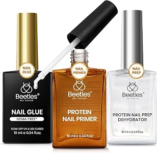 Beetles 3Pcs Gel Nail Glue Nail Dehydrator and Primer, Hema-Free & Acid Free Nail Bond Protein Prep Kit for Nail Tips & Nail Extensions, TPO Free, Long-Lasting Adhesion