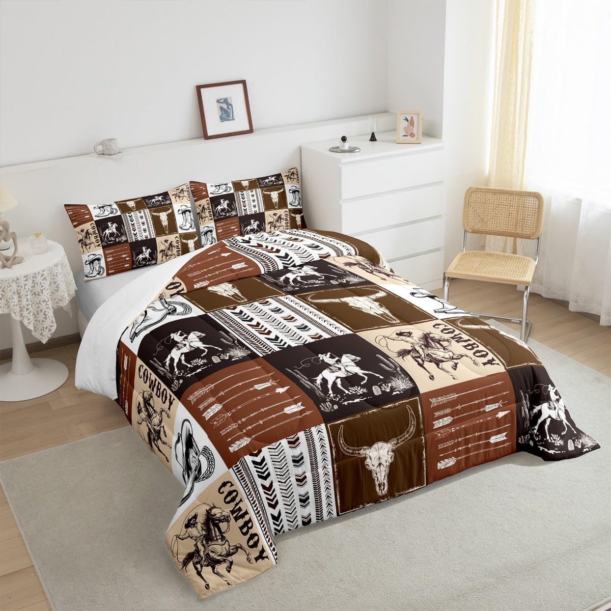 Cowboy Comforter Set Twin Size,Southwestern Aztec Country Horse Bedding Set 2pcs,Rustic Ranch Retro Animal Down Comforter,Brown Patchwork Farmhouse Bed Set for Kids Boys Teens,1 Pillowcase,No Sheets - Image 5