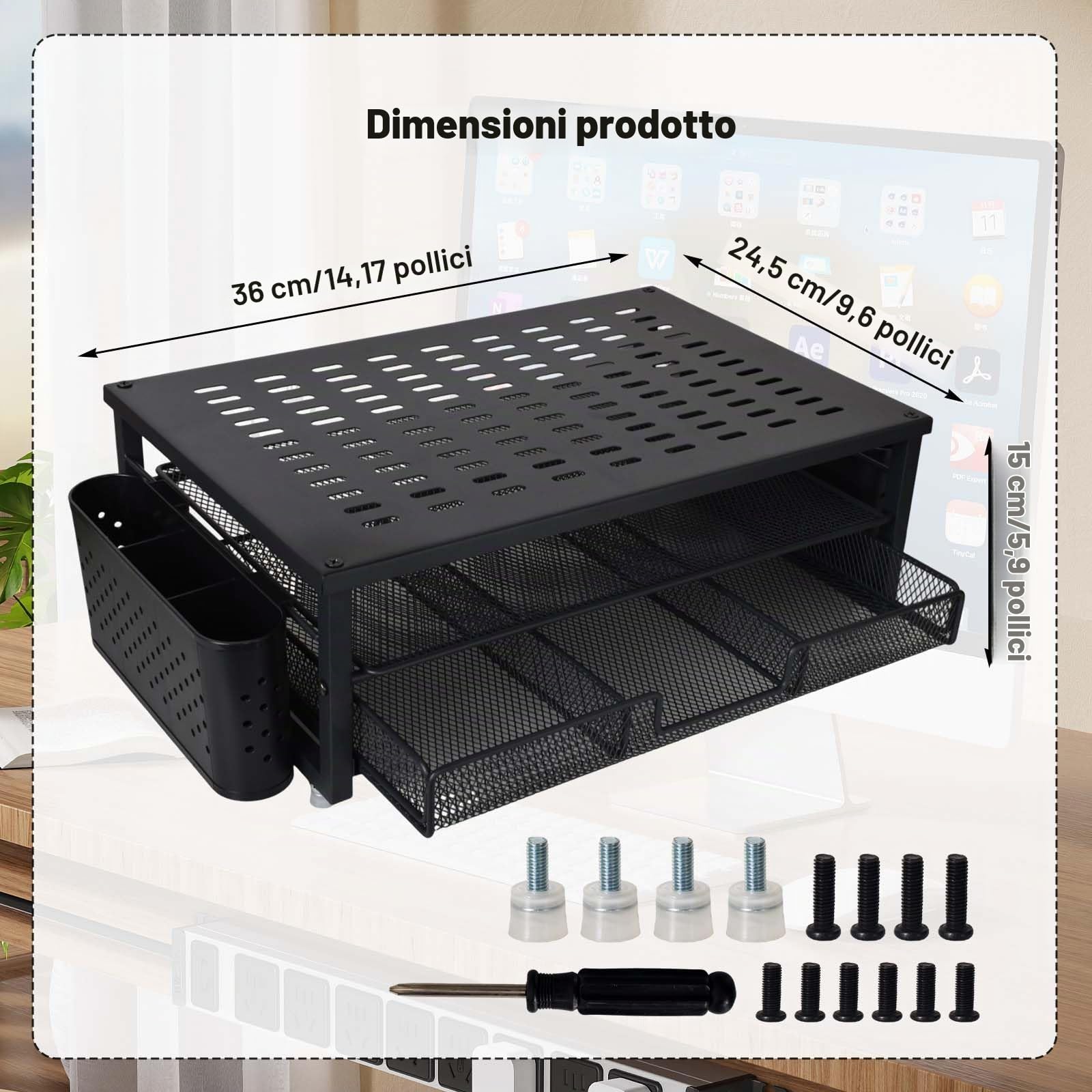 Alzaschermo con Cassetto e 2 Portapenne – Organizzatore da Scrivania Ergonomico per Monitor e Laptop, Supporto per Accessori Ufficio e Sistema di Archiviazione per Home Office