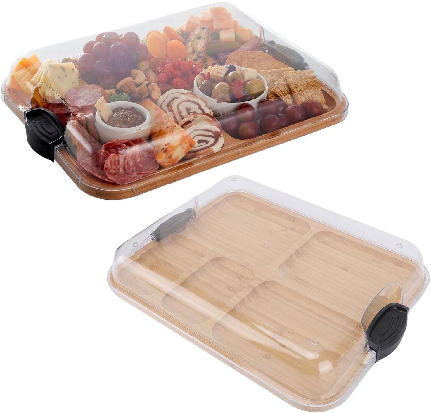 Charcuterie Board with Lid and Handle, 5 Sections Wooden Cheese Box Portable Travel Snack Tray Cutting Board for Picnics, Parties, Serving
