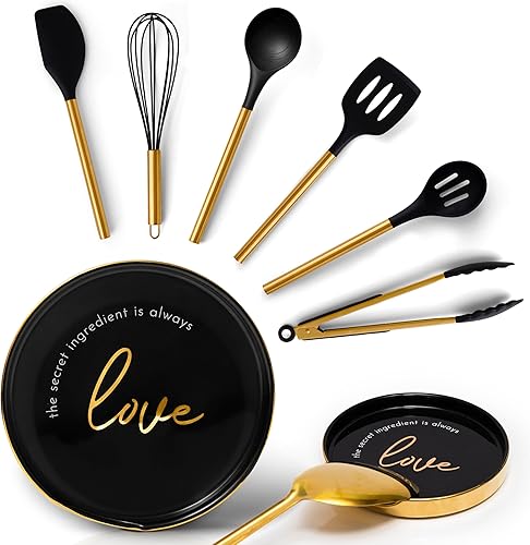 Styled Settings Juego de utensilios de cocina negros y dorados, paquete de cocina de 7 piezas con utensilios de silicona antiadherente y soporte de