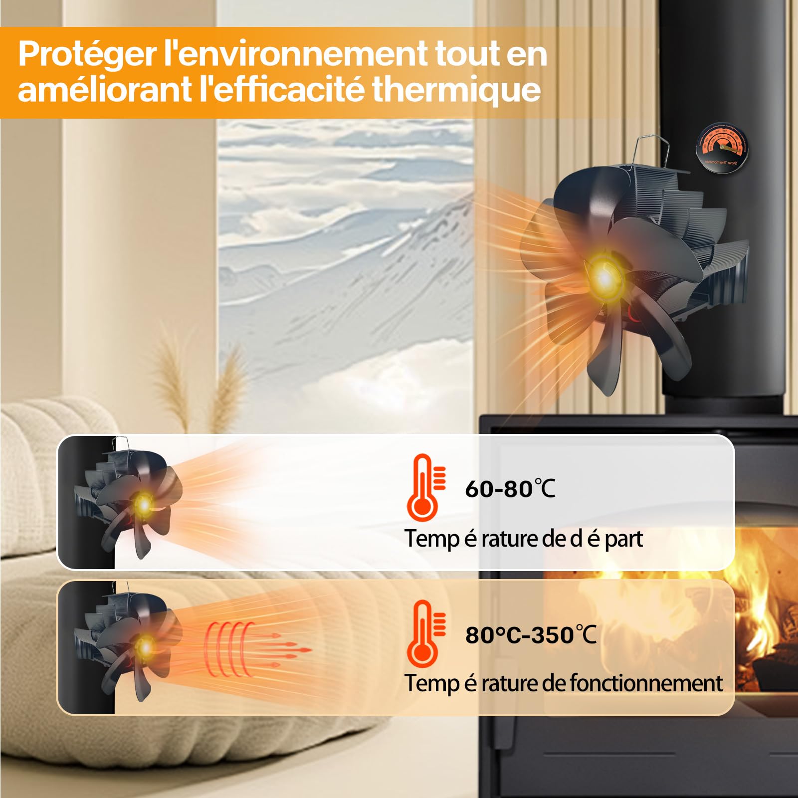 Ventilatore da camino, magnetico, 6 pale, con termometro termico termico, ecologico, per stufa a legna e camino, distribuzione del calore silenzioso