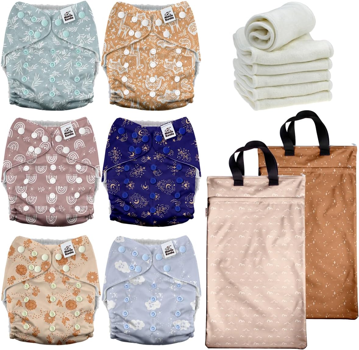 Mama Koala 3.0 Baby Cloth Diapers with 6 Inserts Bundle, with 2 Pack Reusable Hanging Wet Dry Bag