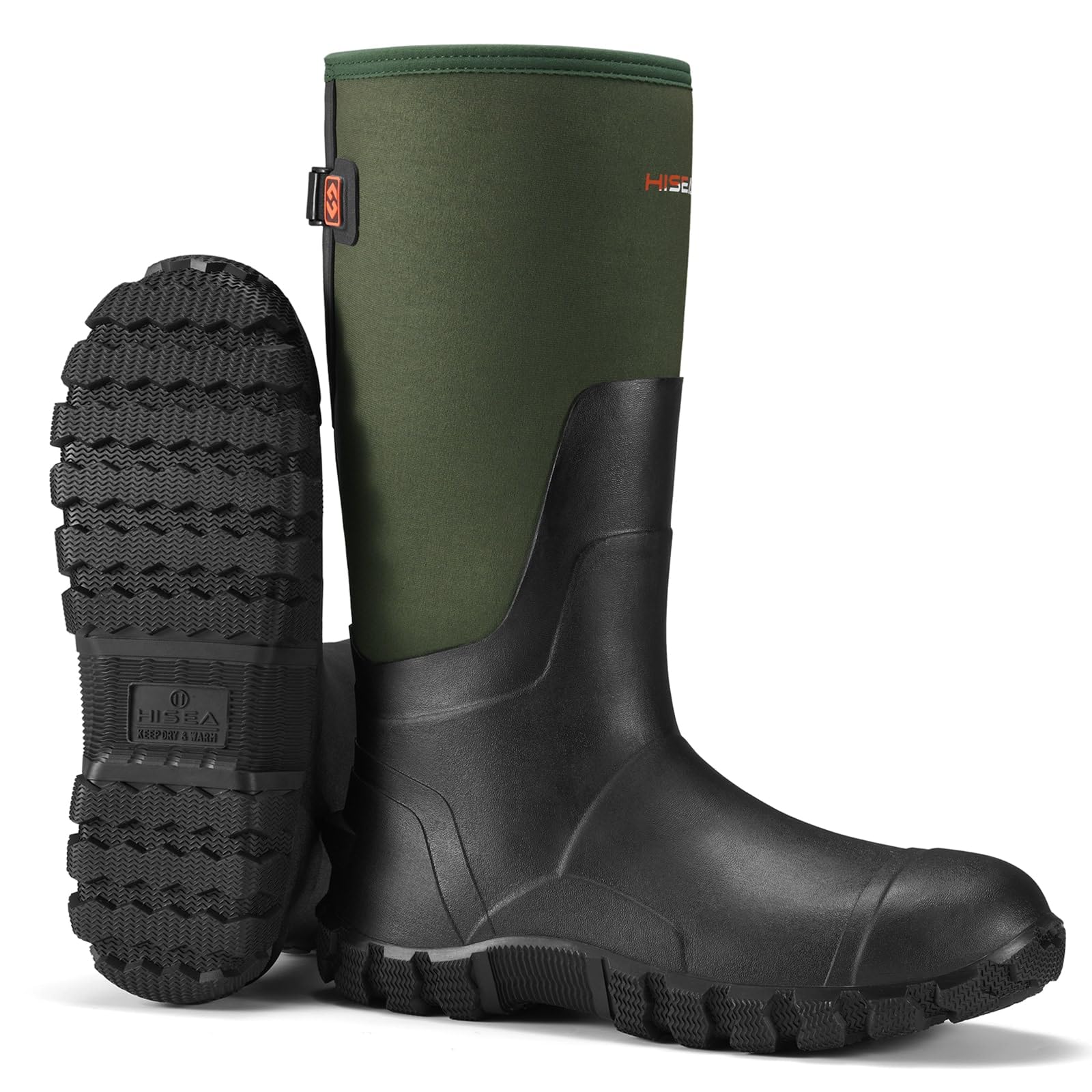 HISEA Upgraded Rain Boots for Men Waterproof Insulated Rubber Boots Outdoor Mud Hunting Boot, Adjustable Calf