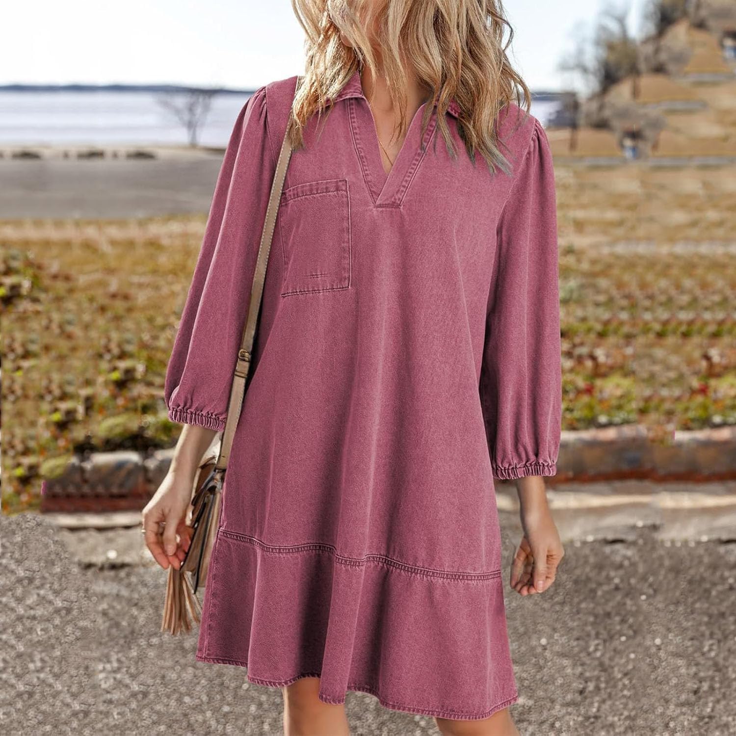 Vestido Vaquero con Capas, Cuello en V y Mangas abullonadas para Mujer, Vestidos Vaqueros con Volantes y Mangas 3/4, Vestido Vaquero Camisero Holgado de Verano con Bolsillos. (Dark Pink,L)