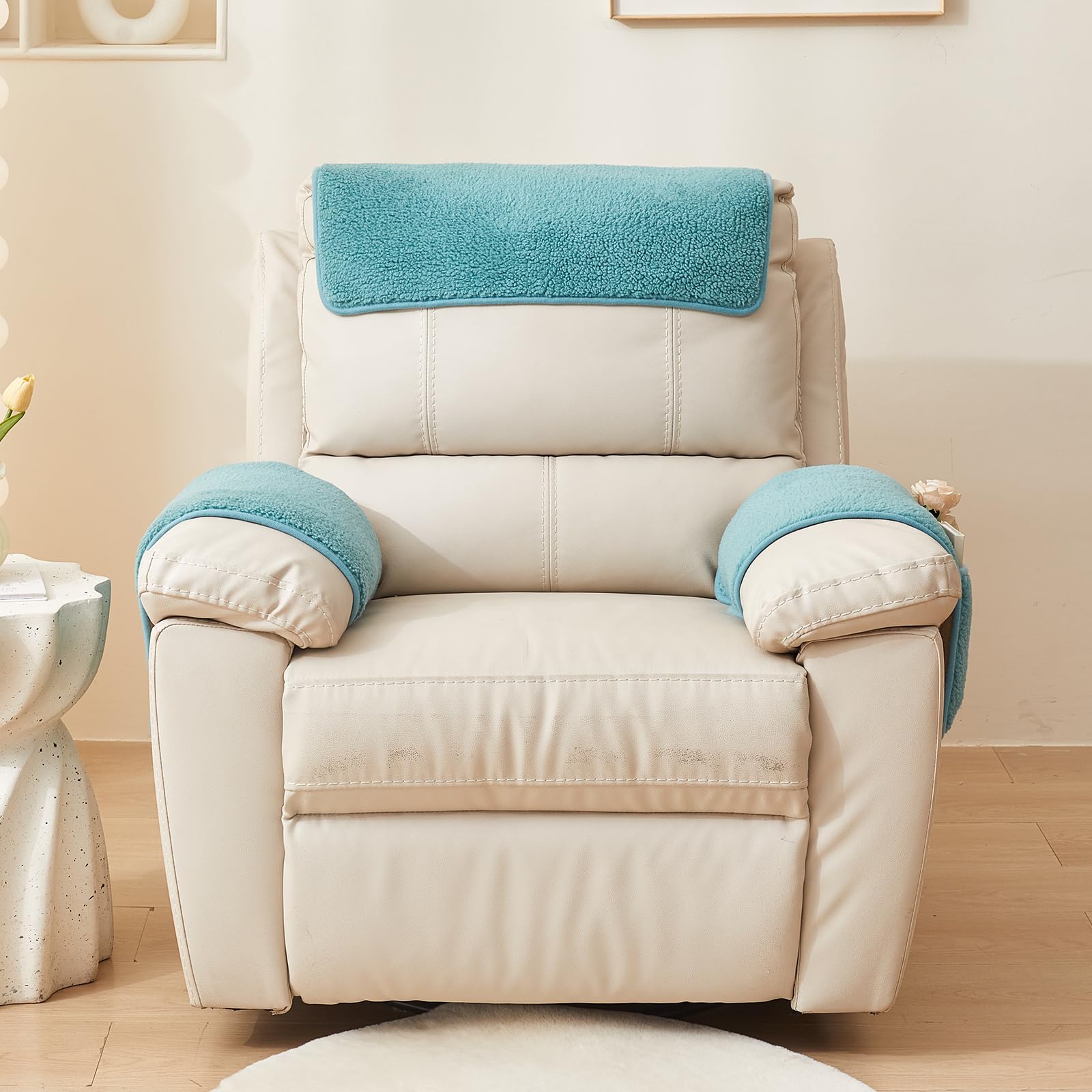 Huierxun 3-Piece Sherpa Fleece Recliner Chair Slipcover With Storage Pockets - Soft Fuzzy Fluffy Nonslip Washable Headrest and Armrest Covers (Teal, 1 Seat Recliner)