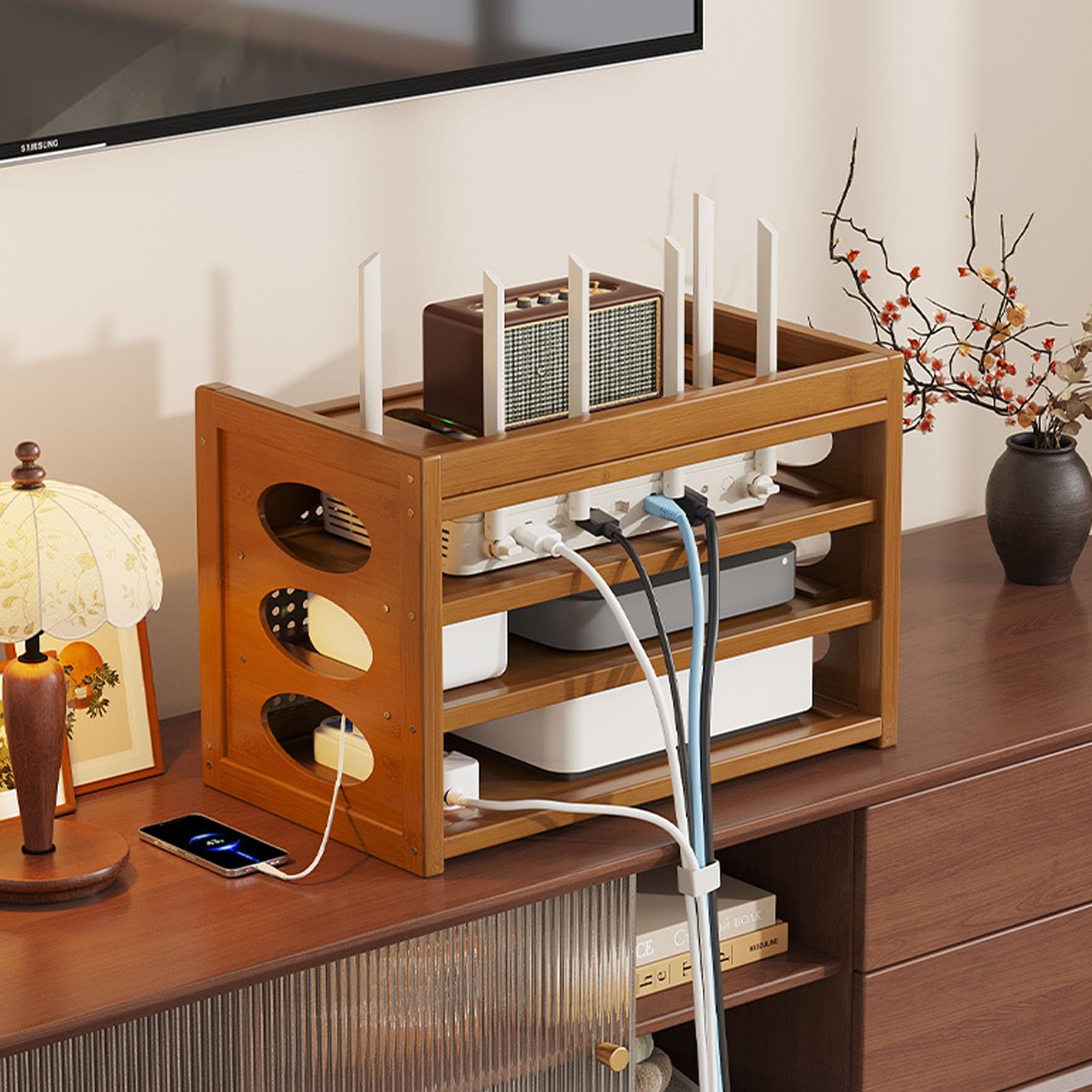 Scatola portaoggetti per router WiFi, organizer per gestione dei cavi, ripiani multistrato per router, striscia di alimentazione e organizer per cavi, struttura in bambù resistente (102,9 cm)