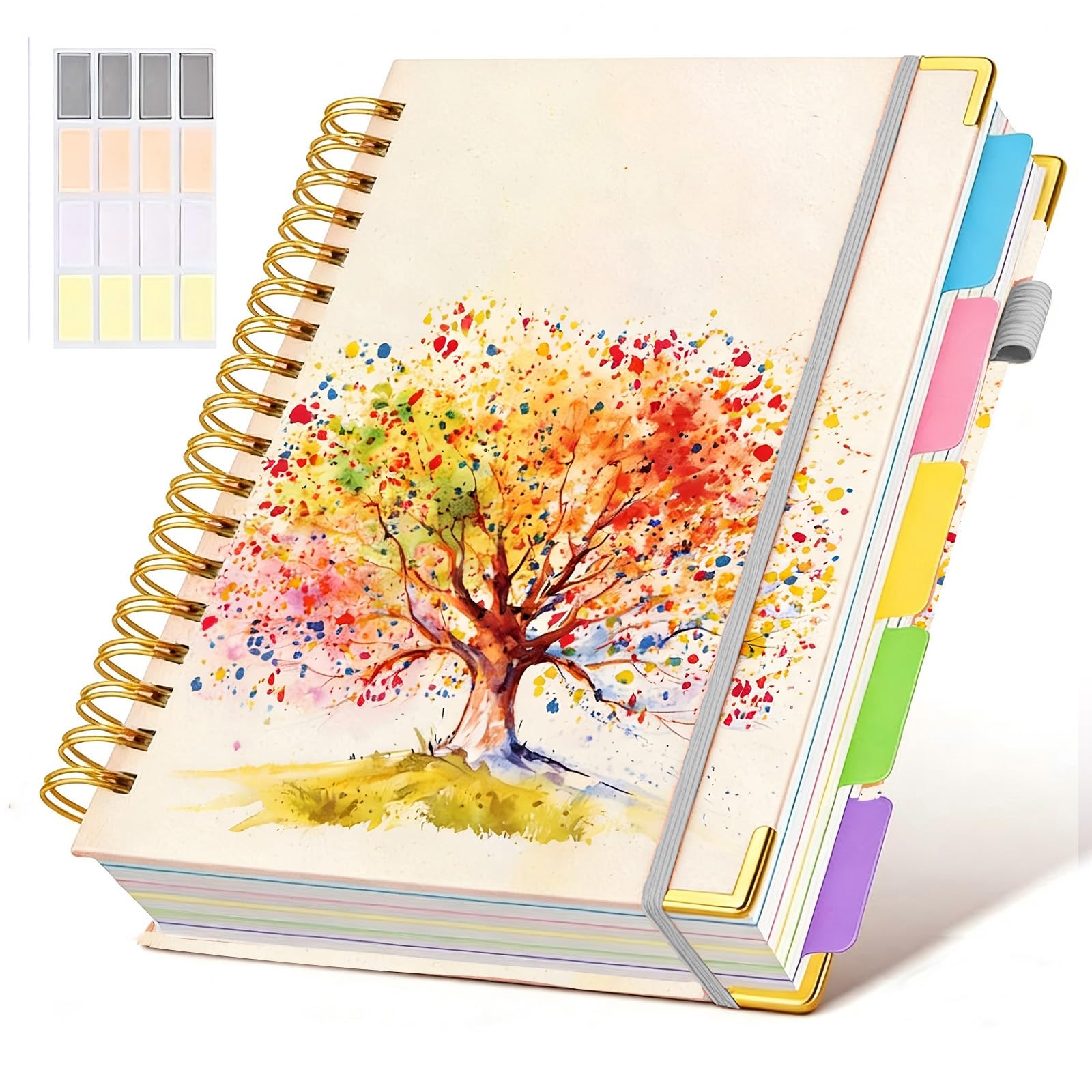 Carnet à spirale à couverture rigide avec onglets amovibles - 300 pages - 5 sujets - 100 g/m² - Pour le travail et l'école - Journal ligné pour femme - Arbre de vie coloré
