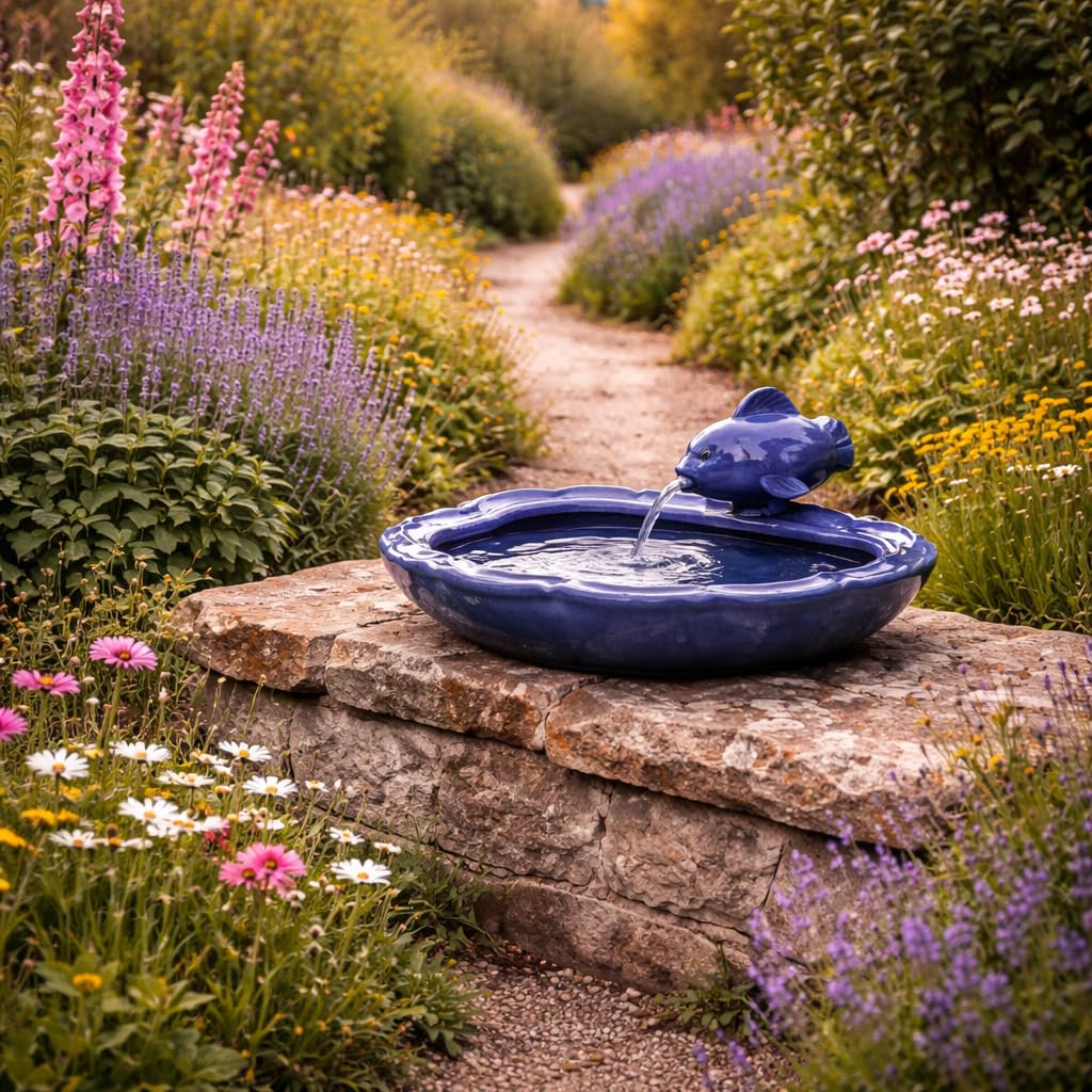 Festive Lights - 37 cm Solar-Keramik-Fischwasserspiel mit glasierter blauer Oberfläche – Gartenbrunnen für den Außenbereich, IP44 bewertet, wetterbeständig – in sich geschlossen, einfache Einrichtung,