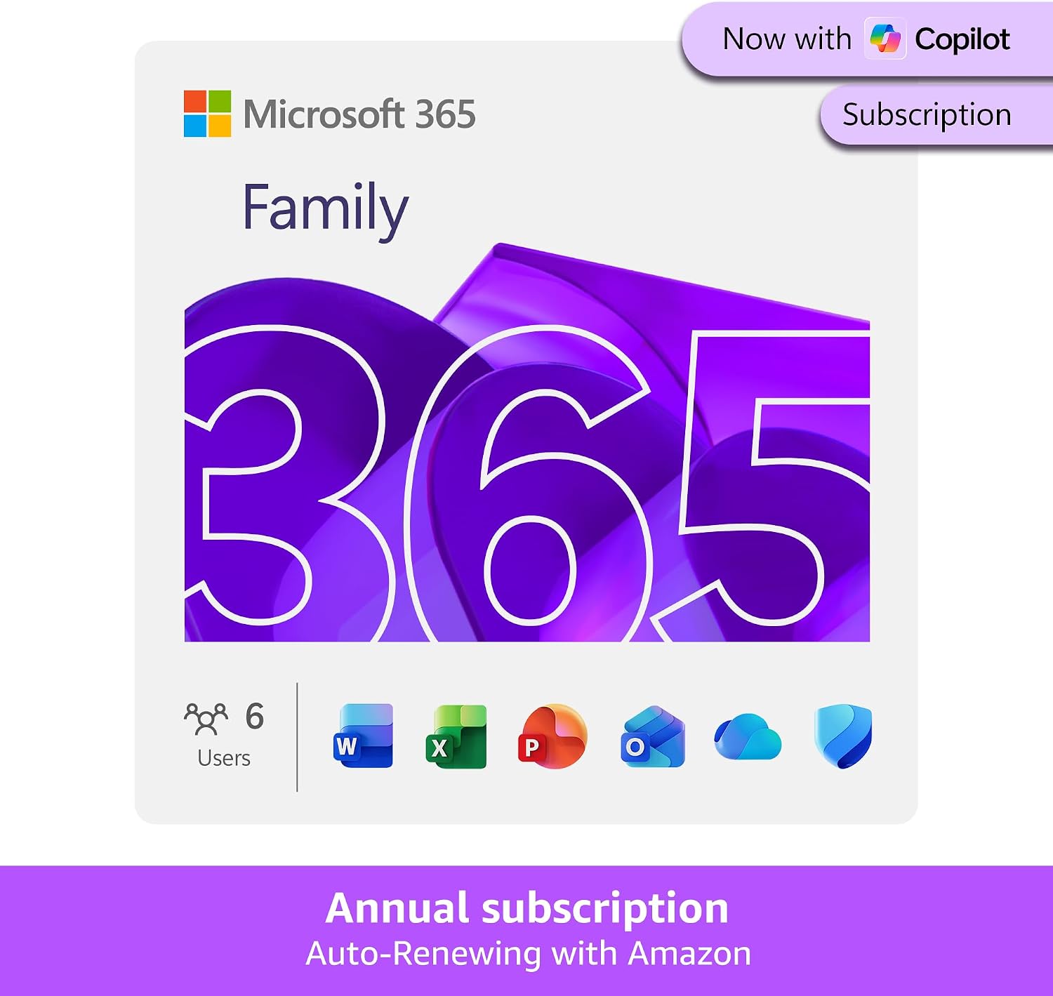 Microsoft 365 Family | 12 Months | 6 People | Up to 6TB Storage | AI Office Apps | Annual auto-renewing Amazon subscription