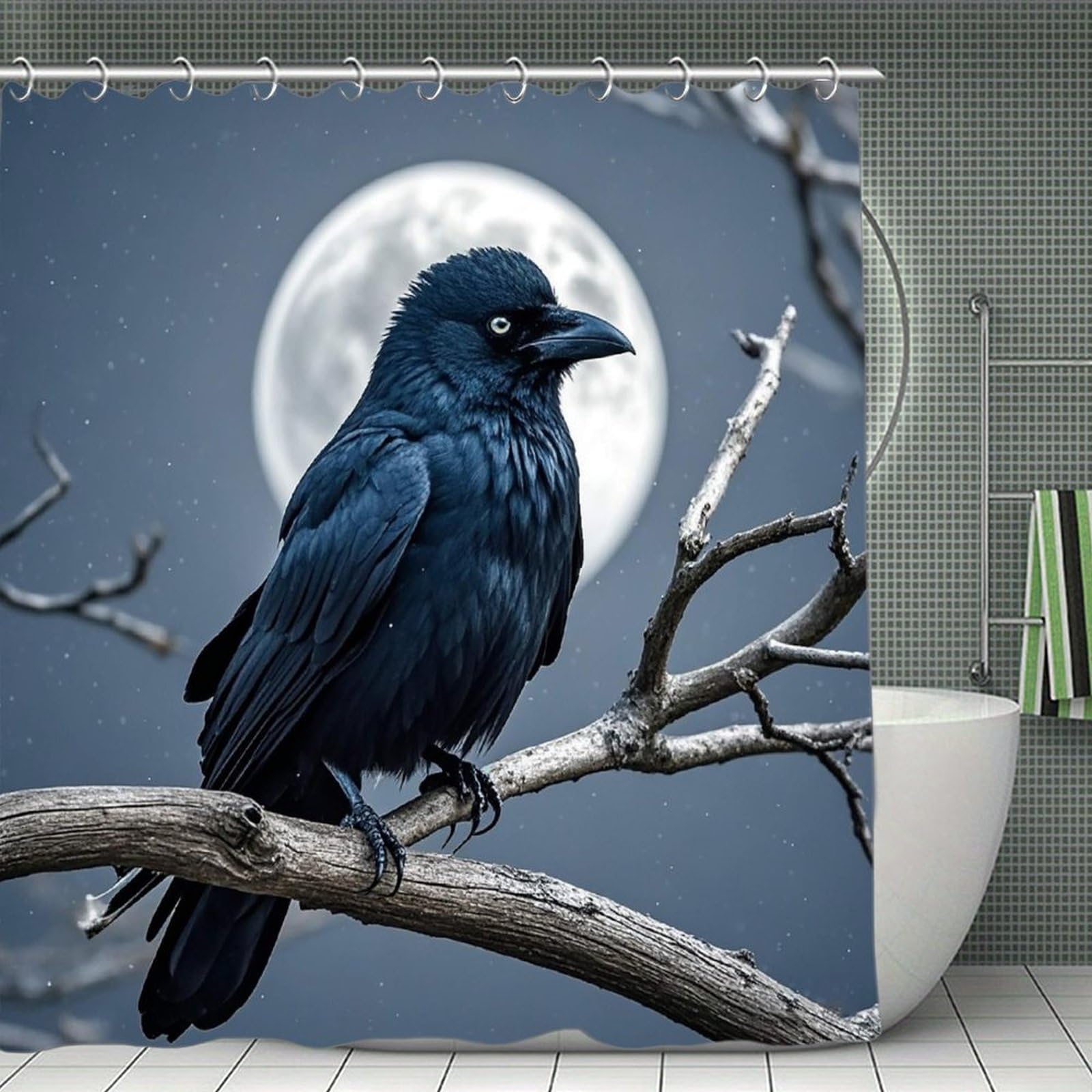 VstaDank Night Crow Shower Curtain Light-Weight Blackout Bathroom Curtain Washable Shower Liner 71x71 Inch Bath Curtain with Metal Holes Bathtub Bath Room