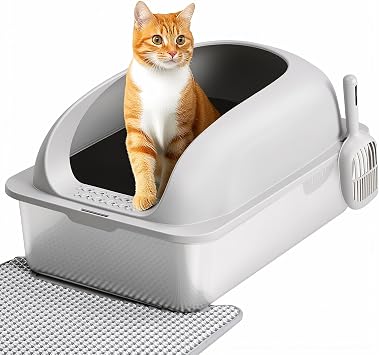 OLIXIS Stainless Steel Large Cat Litter Box with Lid, Light Gray | High Wall Sides, Anti-Urine Leakage, Easy Cleaning, Scoop and Mat Included, Easy Cleaning
