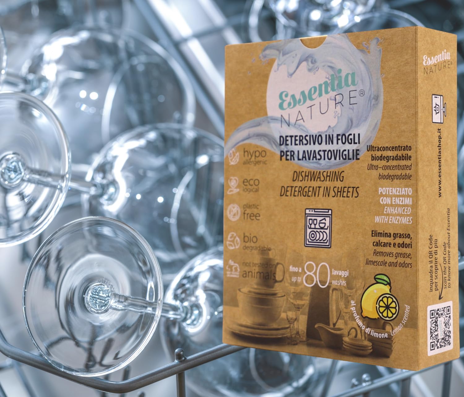 ESSENTIA Detersivo Ecologico in Fogli per Lavastoviglie | 3 Confezioni da 80 Lavaggi | Ultraconcentrato e Biodegradabile con Enzimi Naturali | Profumo Limone | Elimina Calcare e Odori | Plastic Free