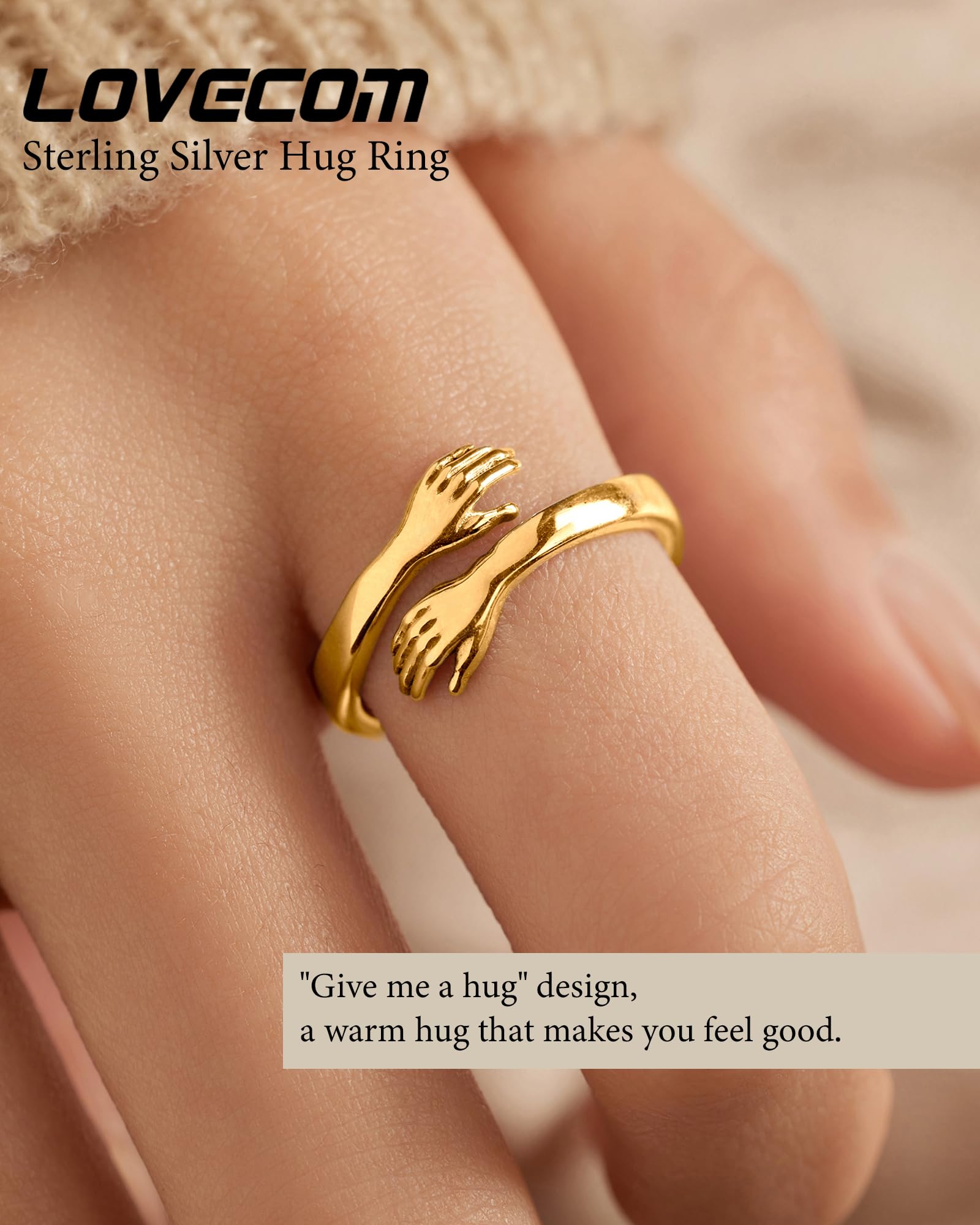 LOVECOM Anillos de plata de ley S925 para mujer, ajustable, abrazando, con manos de esperanza, anillo de amistad, joyería de cumpleaños, regalos de graduación para mamá, esposa, hija, abuela, amigos